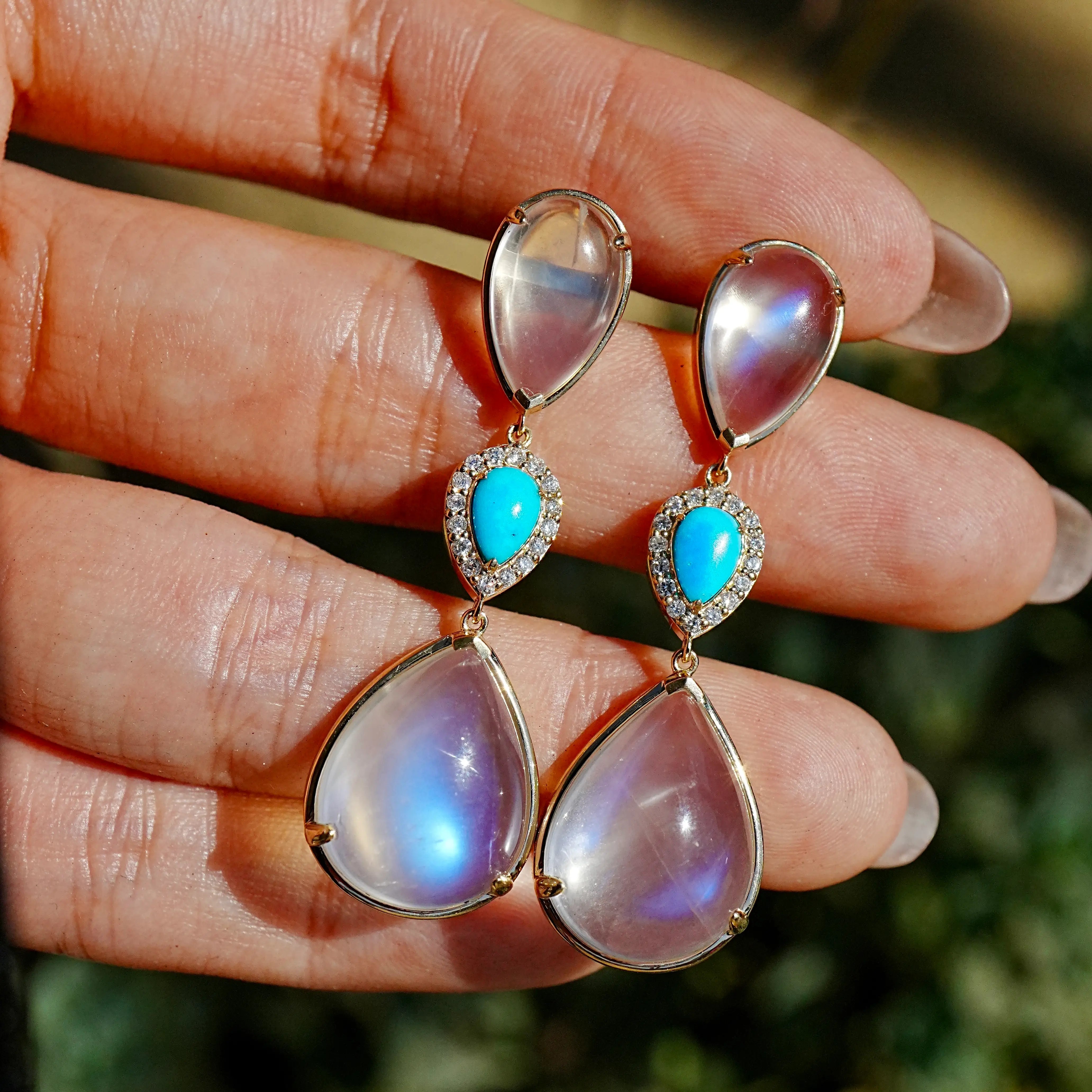 kai fine jewelry Garden Melody natural 27.36 ctw Natural Moonstone, Turquoise & Diamond Drop Earrings in 24k yellow gold (One-of-a-Kind)
