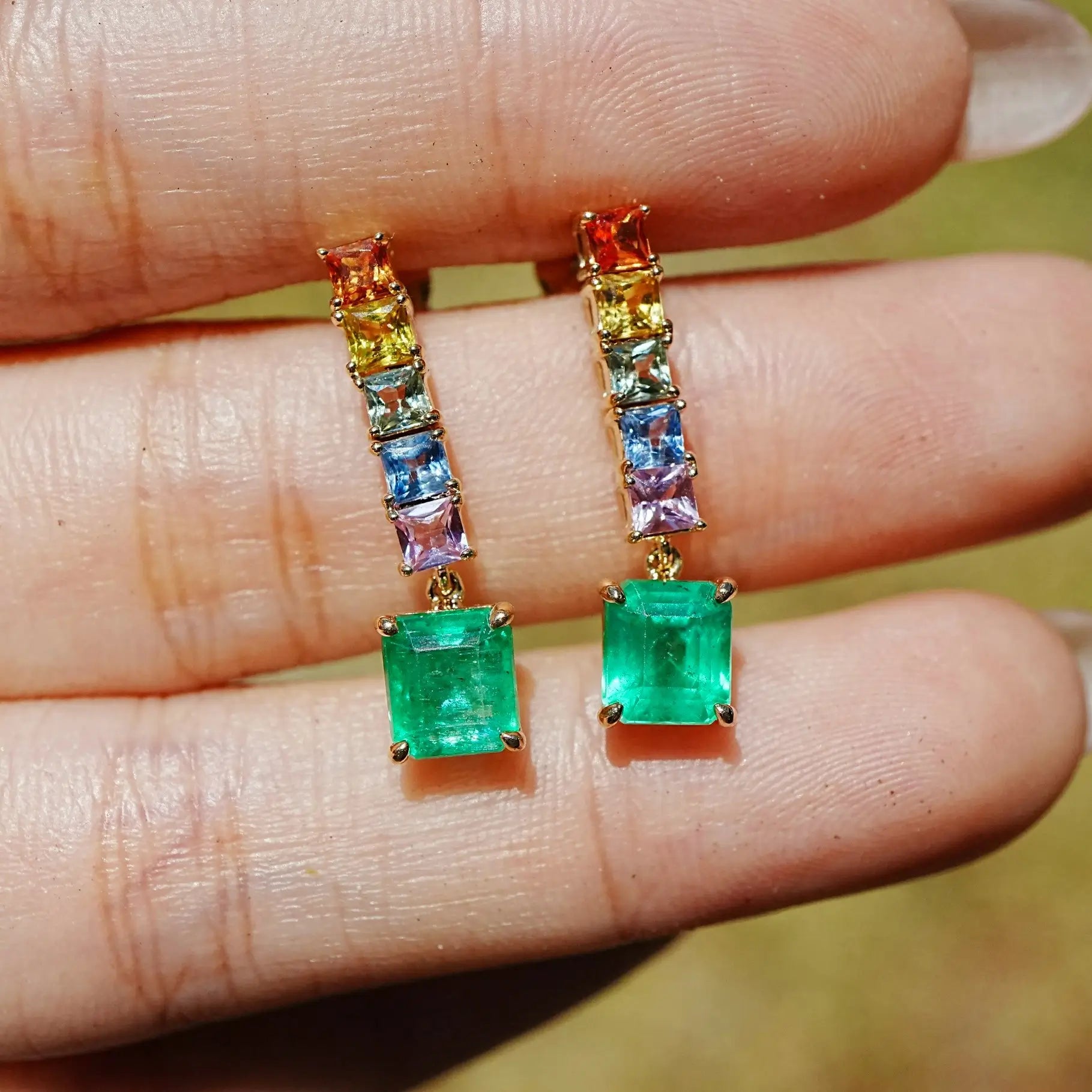 14k gold Garden Melody 3.56 ctw Natural Emerald & Sapphire Drop Earrings (One-of-a-Kind)