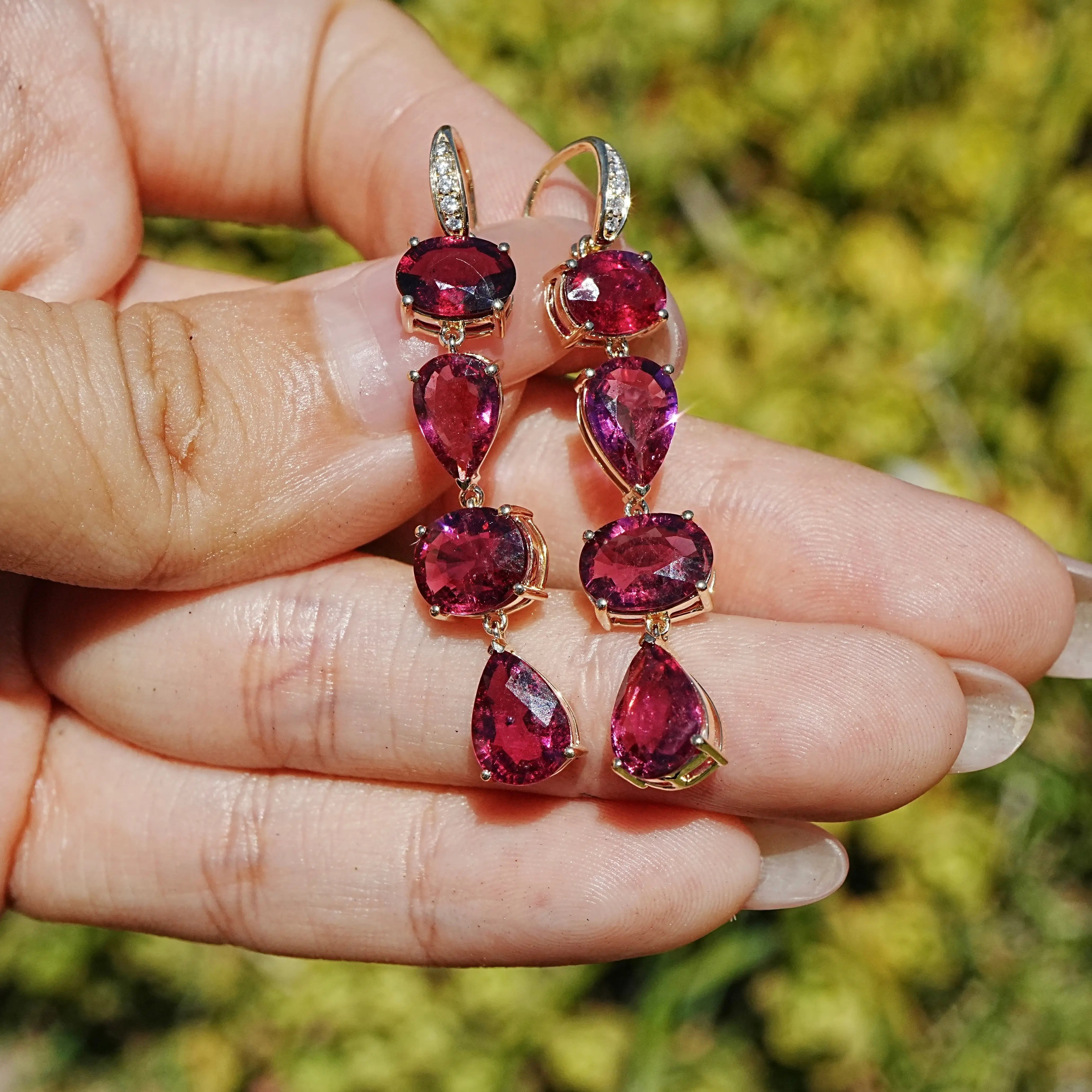 14k yellow gold Garden Melody 8.18 ctw Natural Rubellite & Diamond Drop Earrings (One-of-a-Kind)