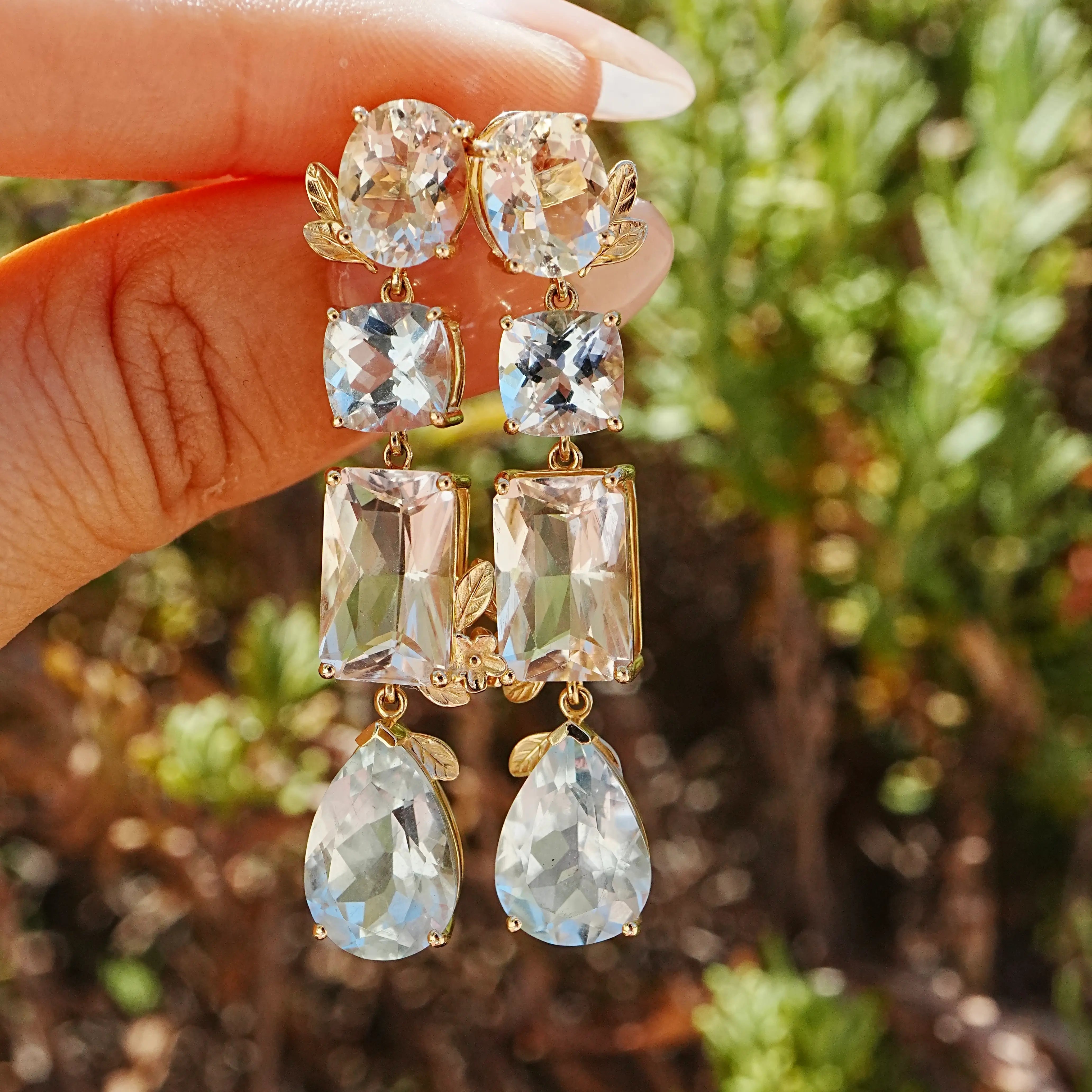 14k yellow gold Garden Melody 20.75 ctw Natural Aquamarine & Champagne Scapolite Drop Earrings (One-of-a-Kind)