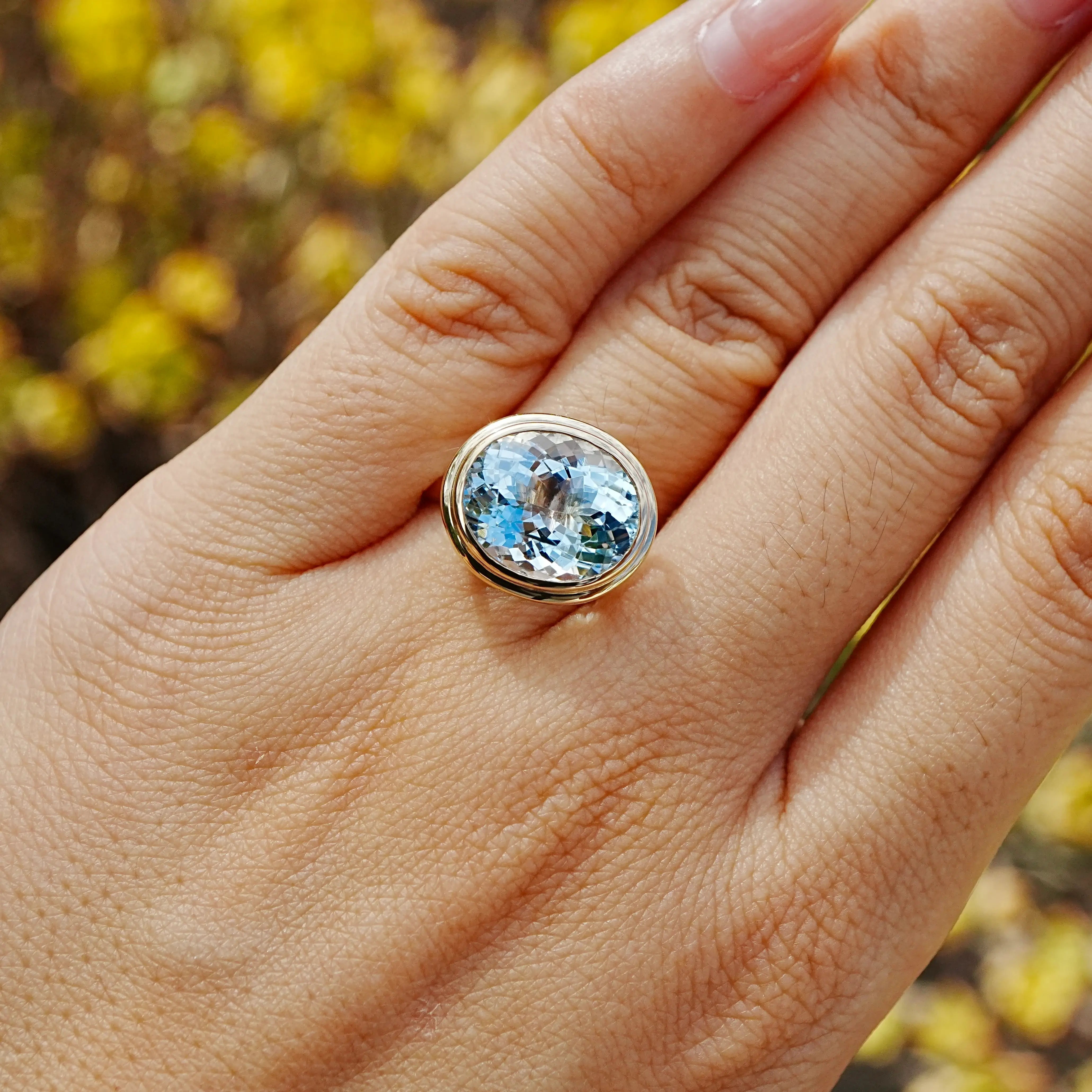 certificate of Bella 4.95 ct AIGS Certified Aquamarine East-West Ring in 14k yellow gold (One-of-a-Kind)