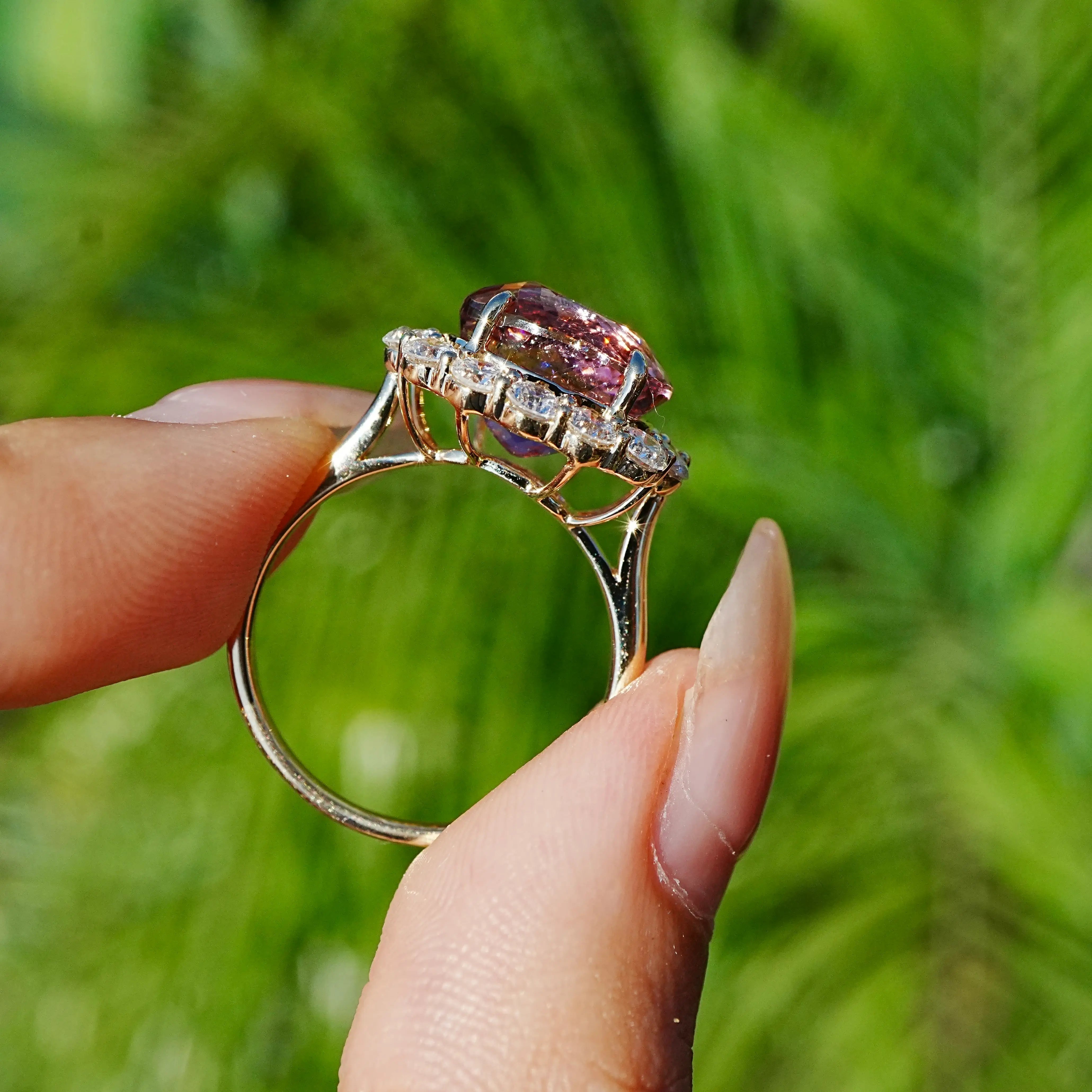 Eden Halo 6.06 ctw Natural Tourmaline & Lab Diamond East-West Ring in 14k yellow gold (One-of-a-Kind)