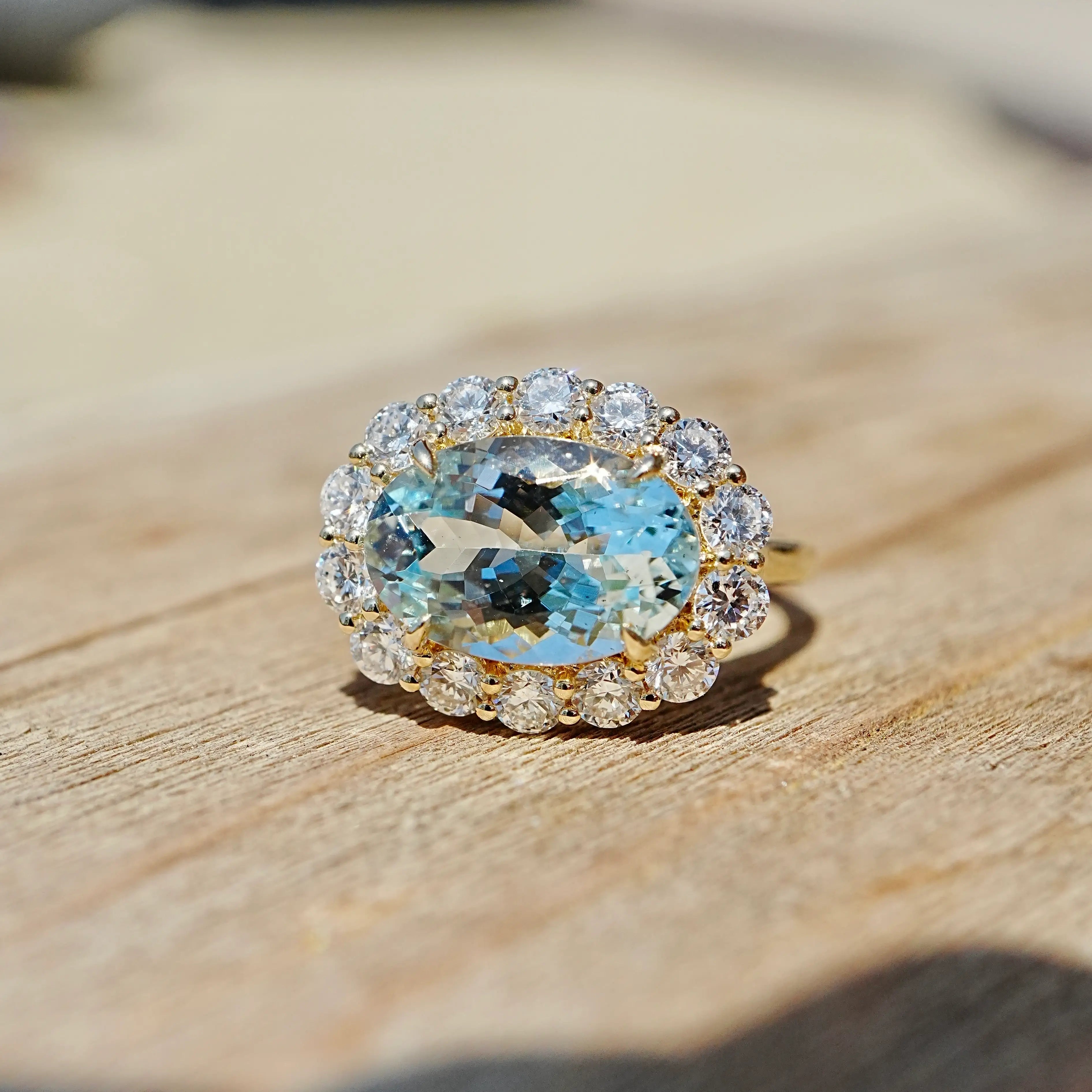 Eden Halo 4.37 ctw Natural Aquamarine & Lab Diamond East-West Ring in 14k yellow gold (One-of-a-Kind)