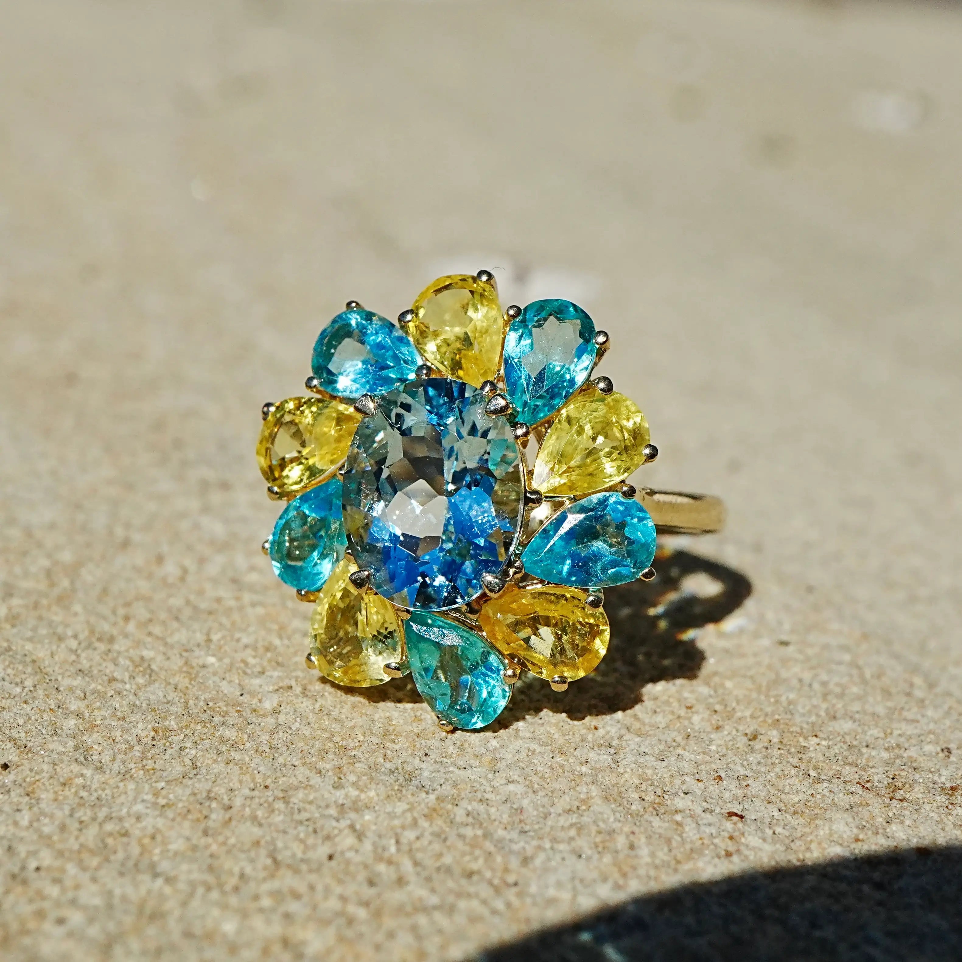 kai fine jewelry Melissa 7.05 ctw Natural Aquamarine, Yellow Sapphire & Apatite Ring size 7 (One-of-a-Kind)