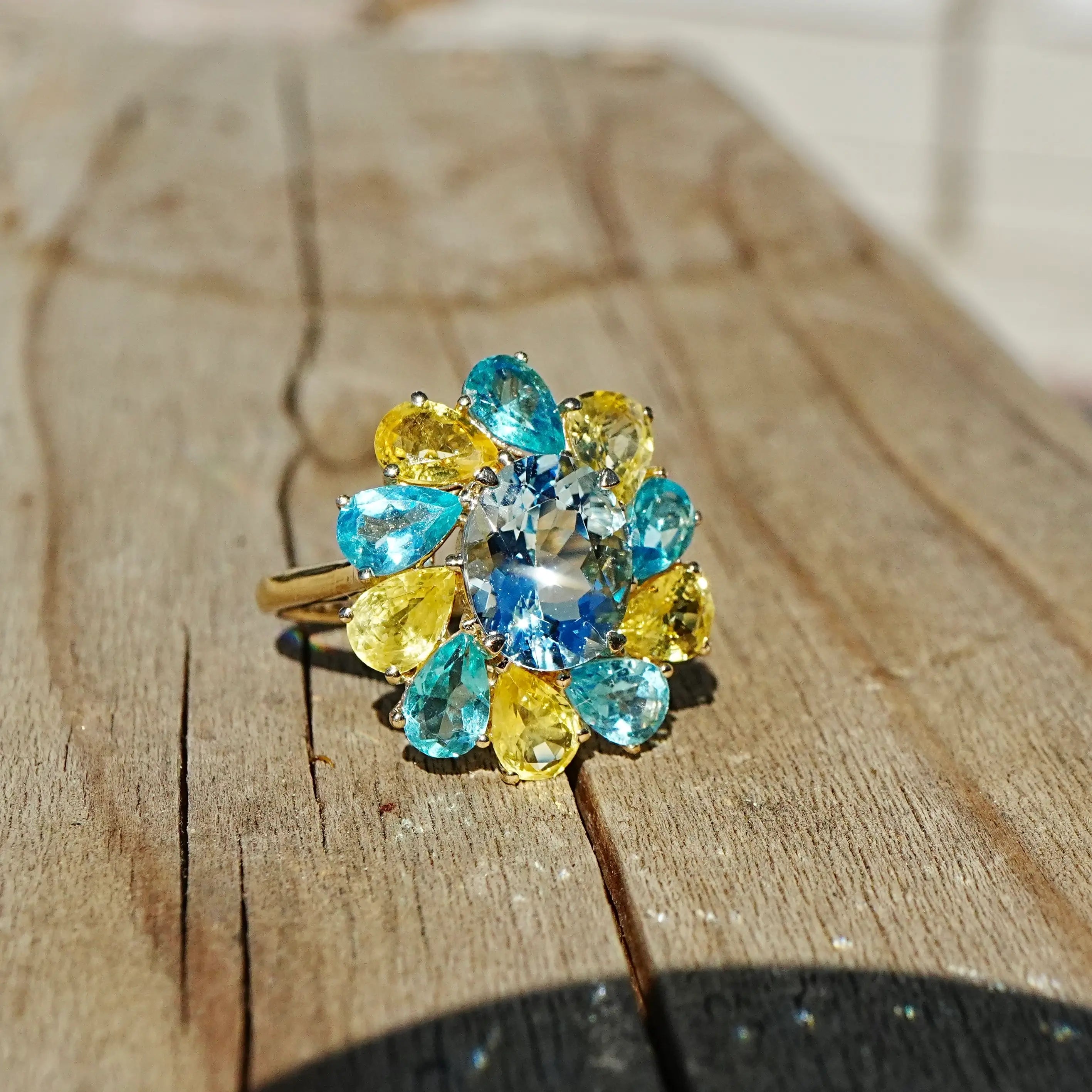 kai fine jewelry Melissa 7.05 ctw Natural Aquamarine, Yellow Sapphire & Apatite Ring size 7 (One-of-a-Kind)