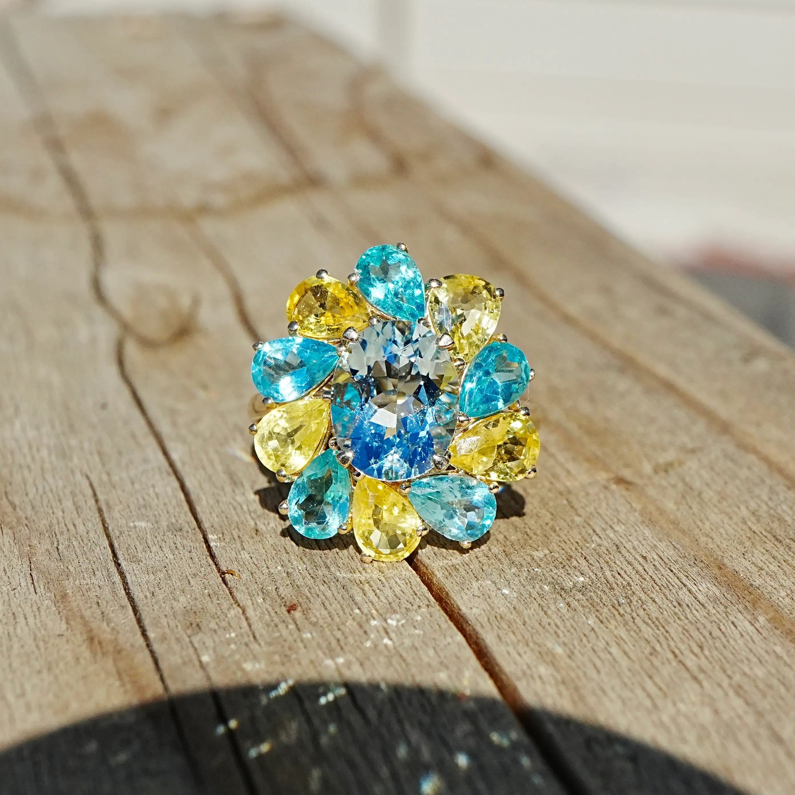 kai fine jewelry Melissa 7.05 ctw Natural Aquamarine, Yellow Sapphire & Apatite Ring size 7 (One-of-a-Kind)