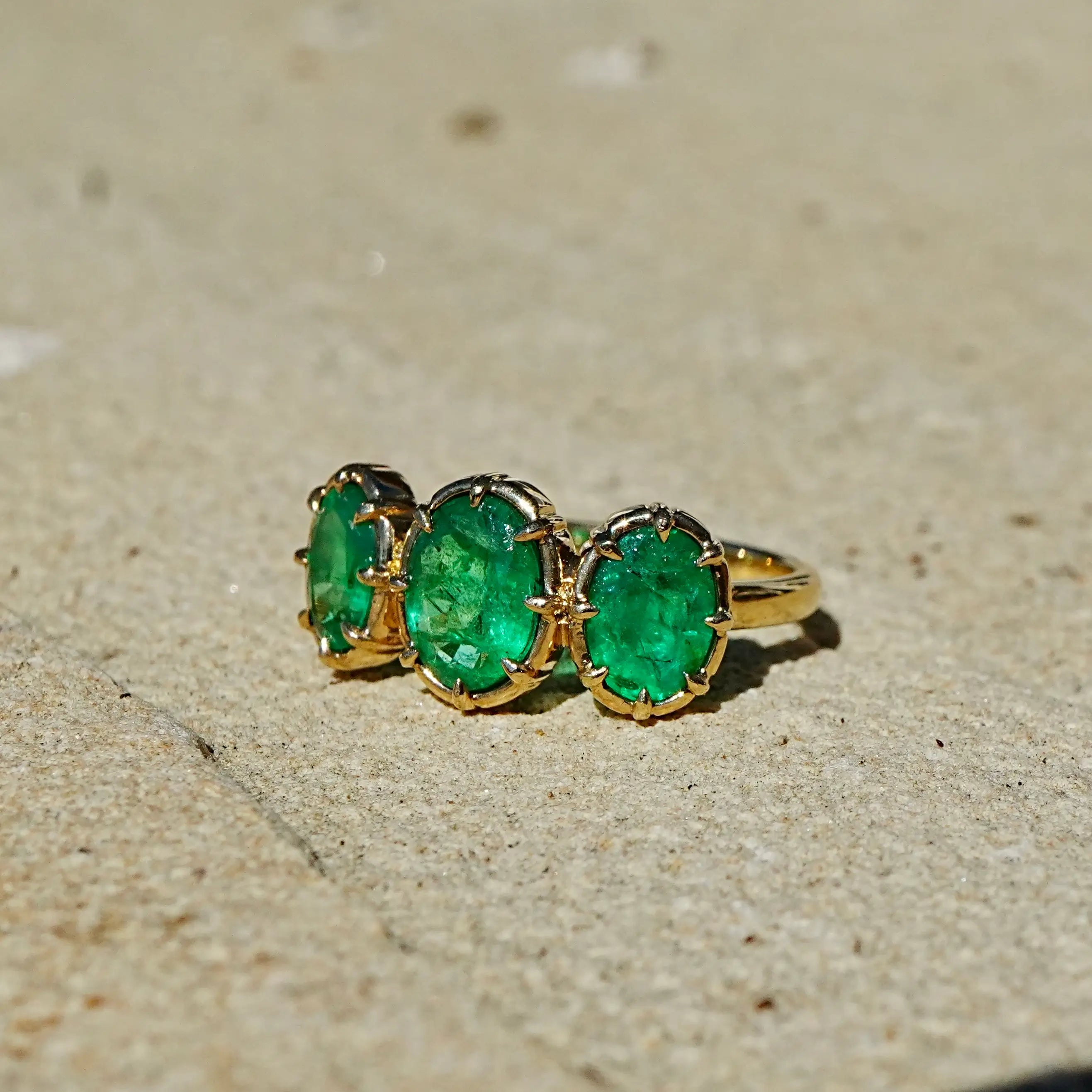 kai fine jewelry 14k gold Aurea 2.67 ctw Natural Emerald Three Stone Ring size 7 (One-of-a-Kind)