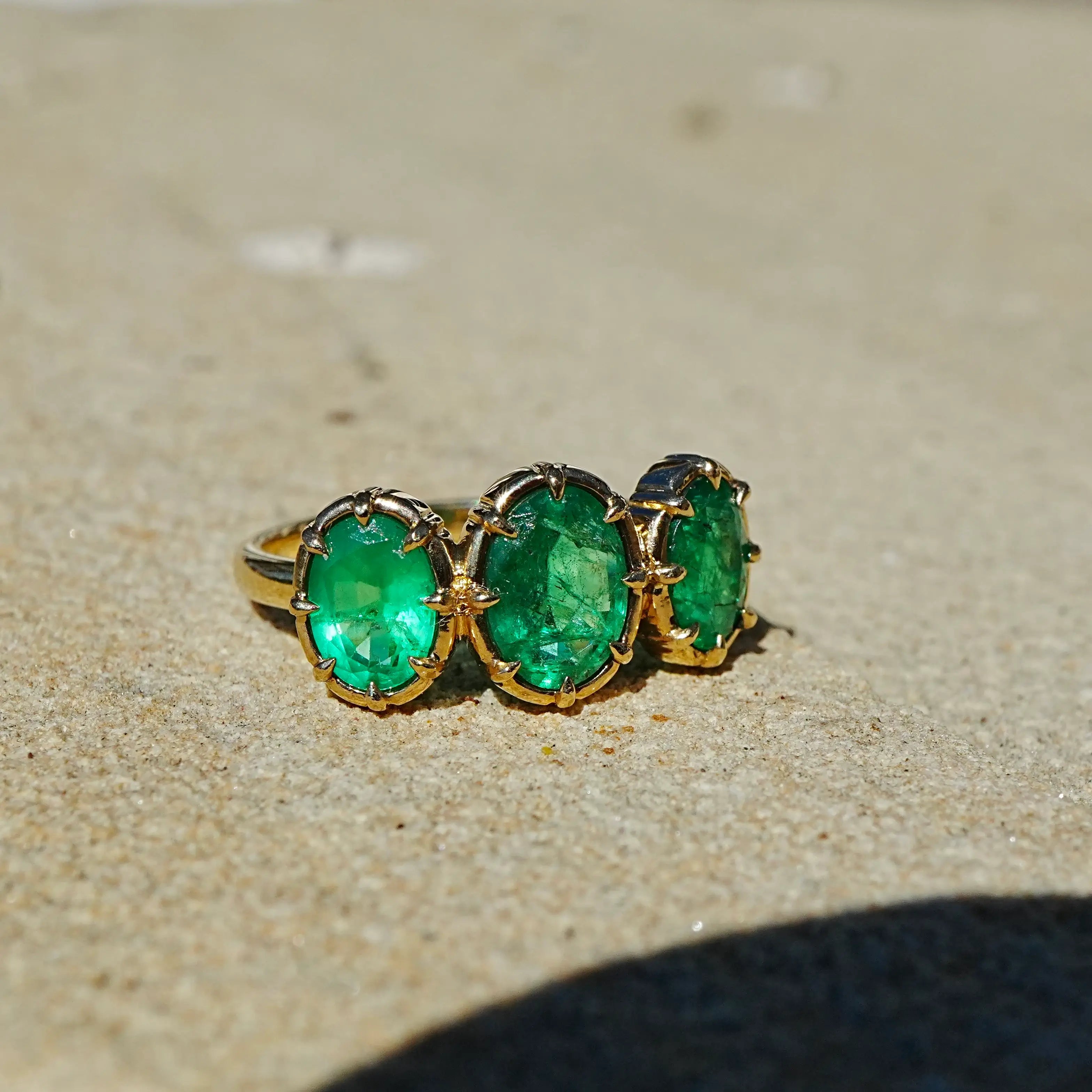 kai fine jewelry 14k gold Aurea 2.67 ctw Natural Emerald Three Stone Ring size 7 (One-of-a-Kind)