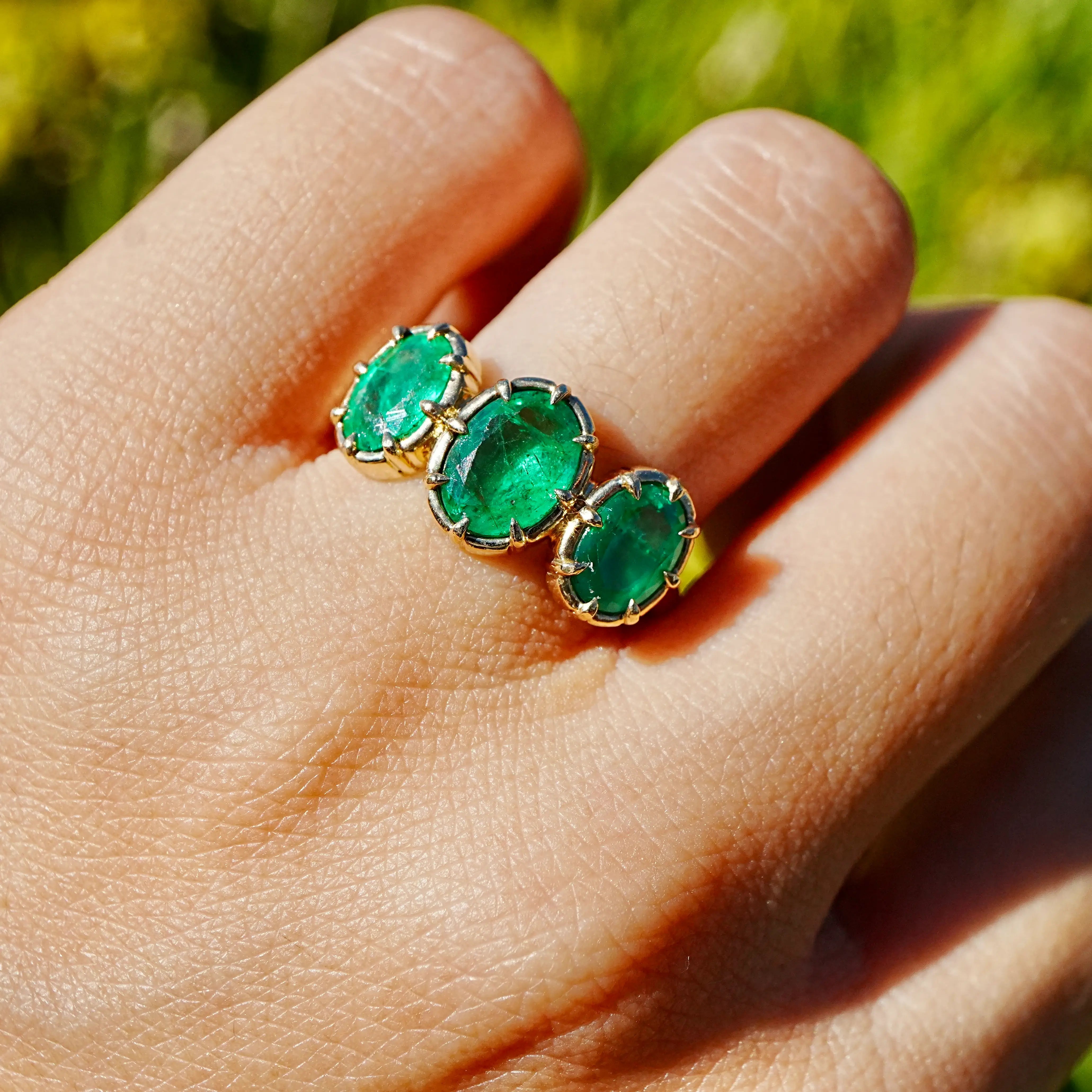 kai fine jewelry 14k gold Aurea 2.67 ctw Natural Emerald Three Stone Ring size 7 (One-of-a-Kind)