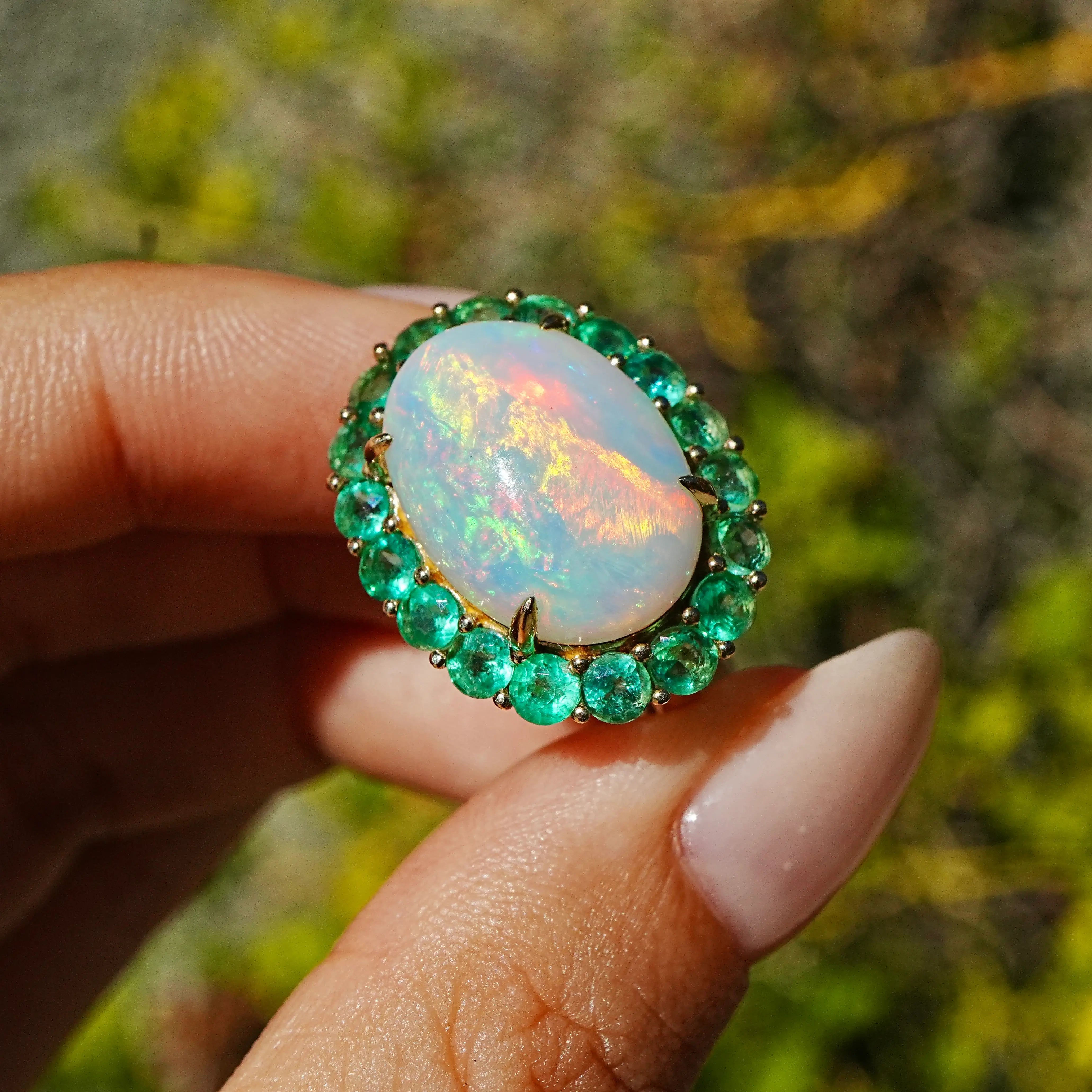 Kai Fine Jewelry Eden Halo 9.40 ctw Natural Opal & Emerald East-West Ring Size7 (One-of-a-Kind)