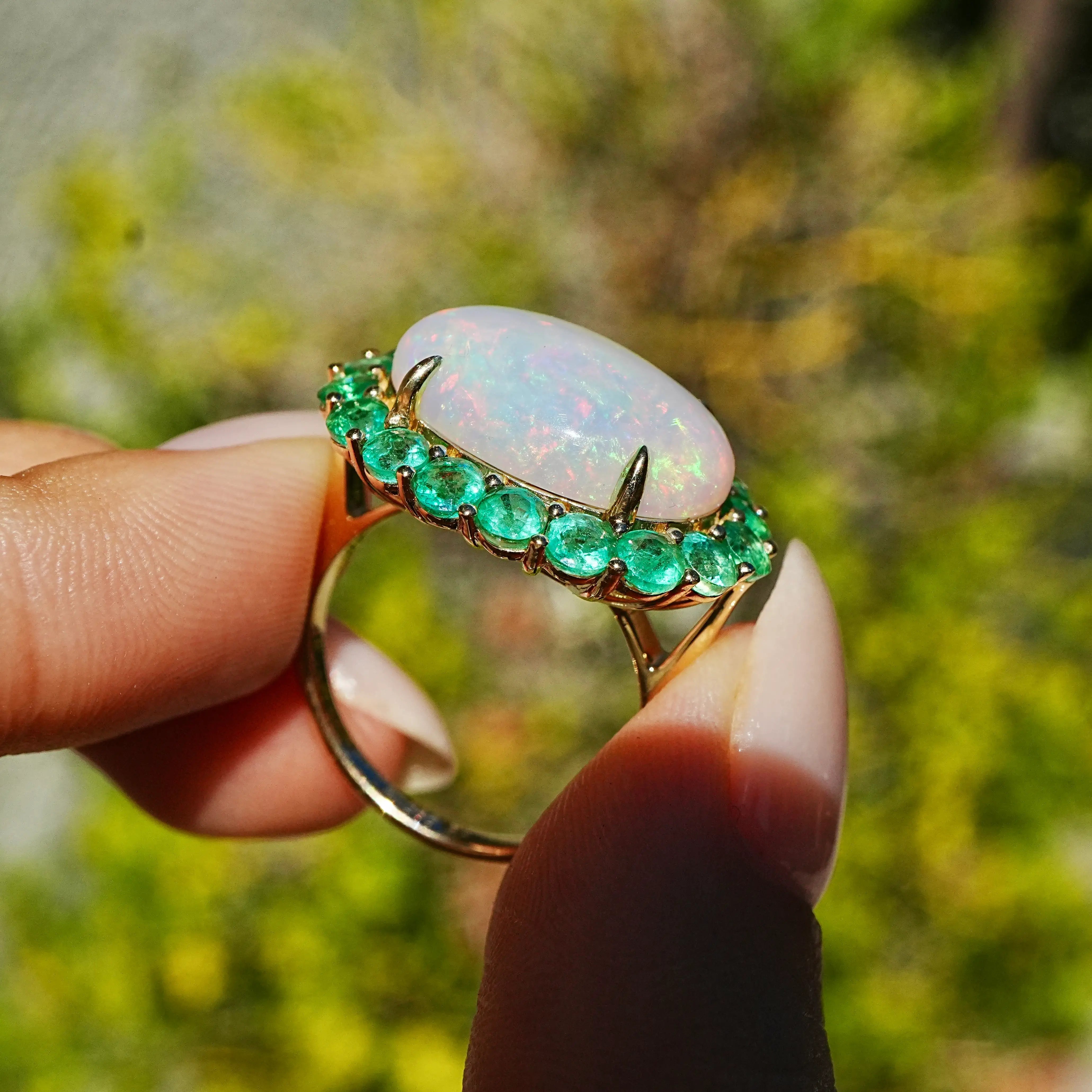 Kai Fine Jewelry Eden Halo 9.40 ctw Natural Opal & Emerald East-West Ring Size7 (One-of-a-Kind)