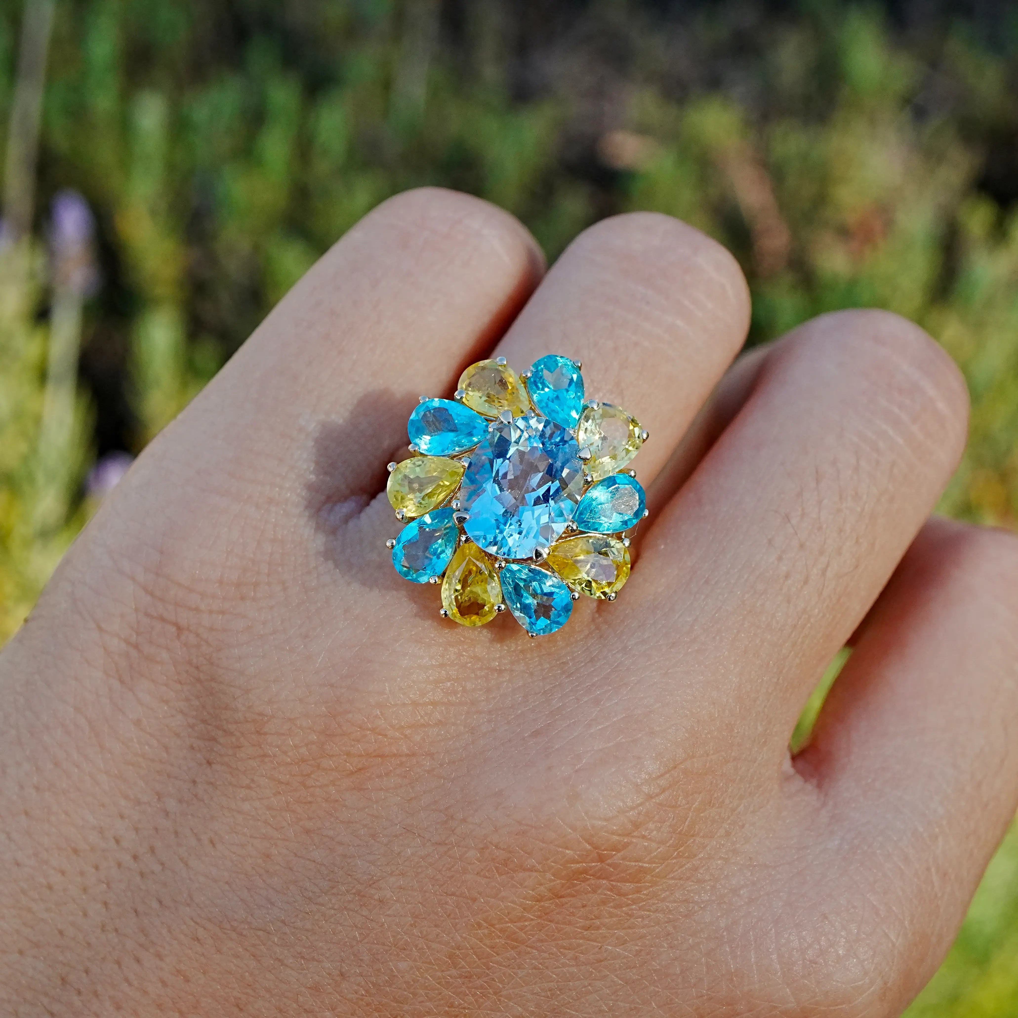 kai fine jewelry Melissa 7.05 ctw Natural Aquamarine, Yellow Sapphire & Apatite Ring size 7 (One-of-a-Kind)