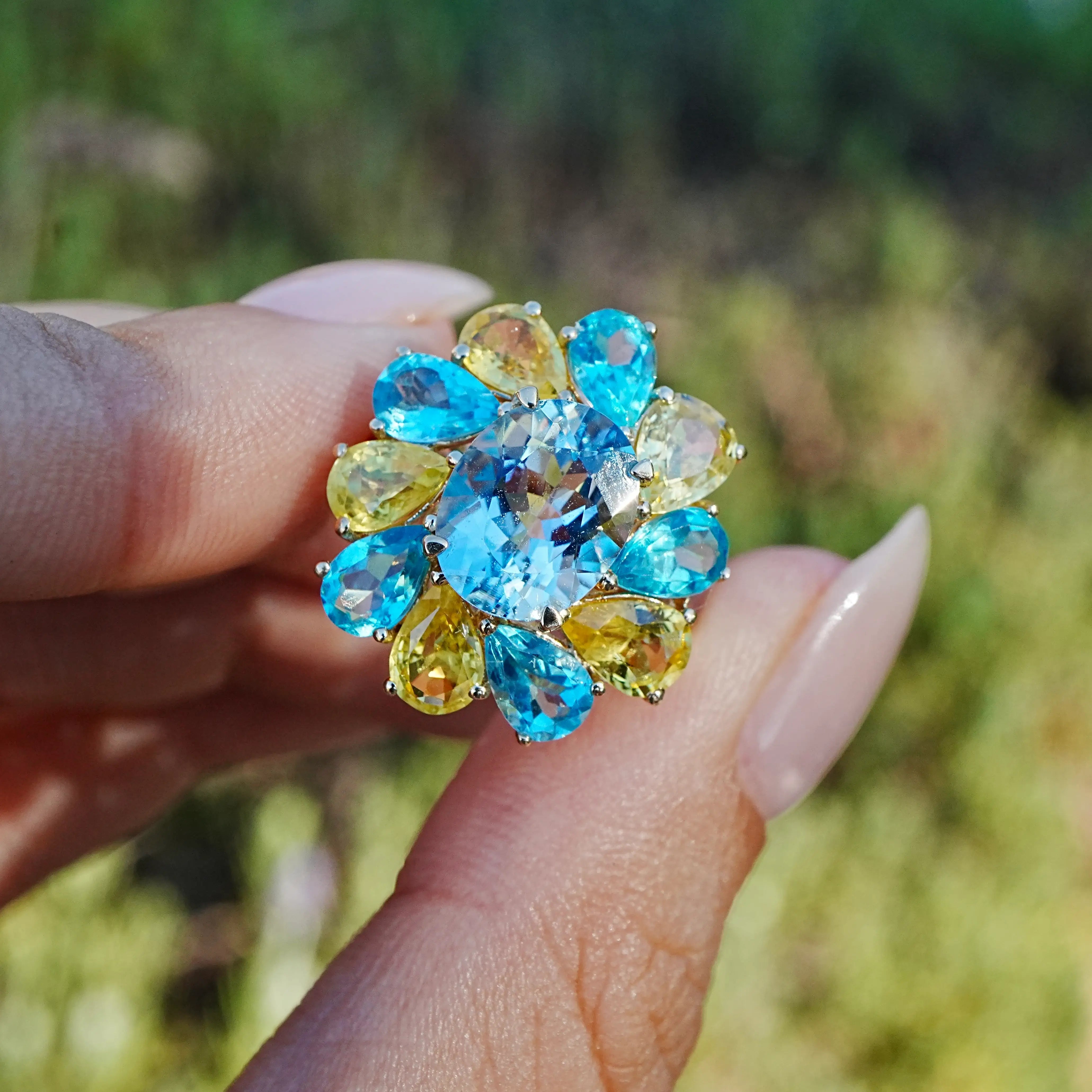 kai fine jewelry Melissa 7.05 ctw Natural Aquamarine, Yellow Sapphire & Apatite Ring size 7 (One-of-a-Kind)