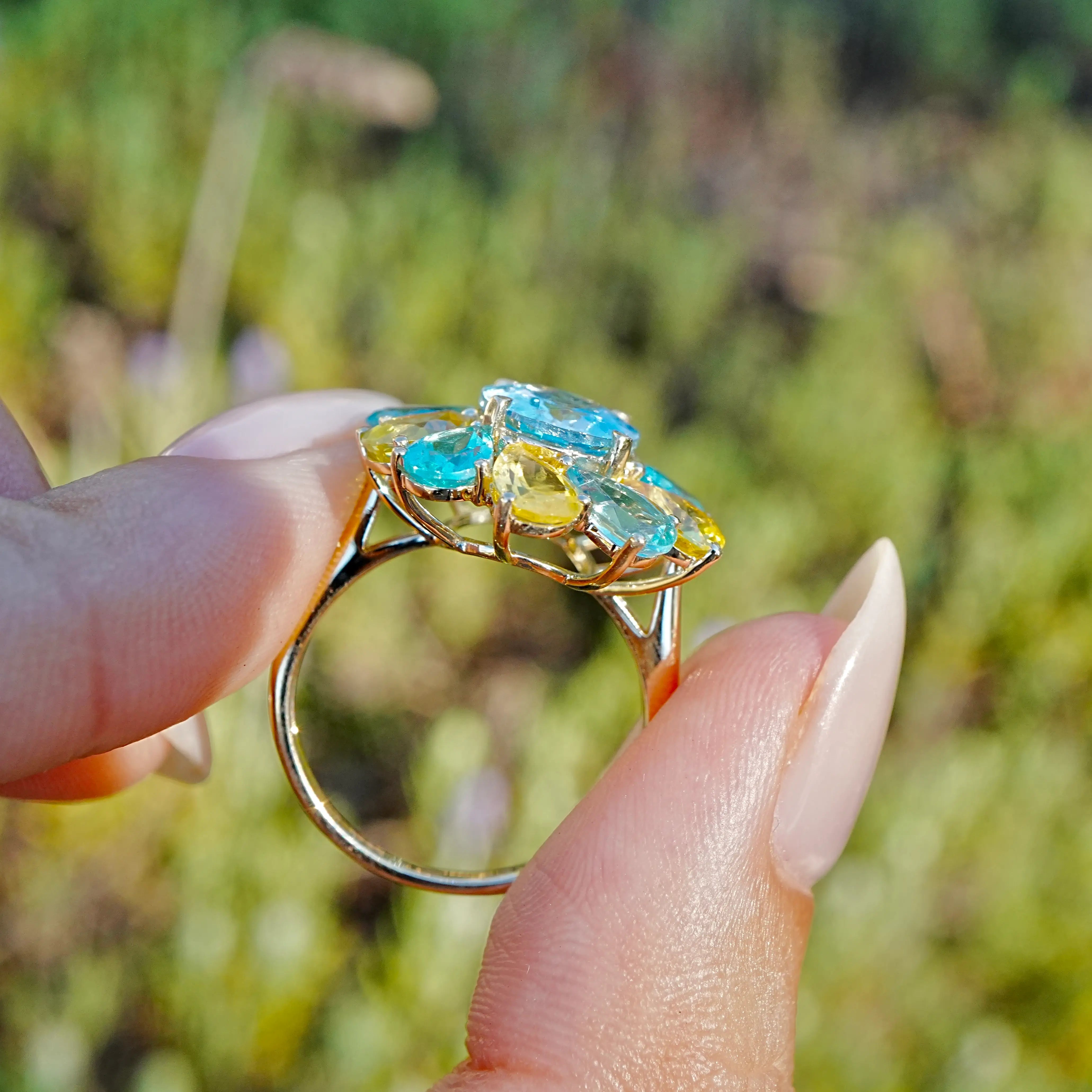 kai fine jewelry Melissa 7.05 ctw Natural Aquamarine, Yellow Sapphire & Apatite Ring size 7 (One-of-a-Kind)
