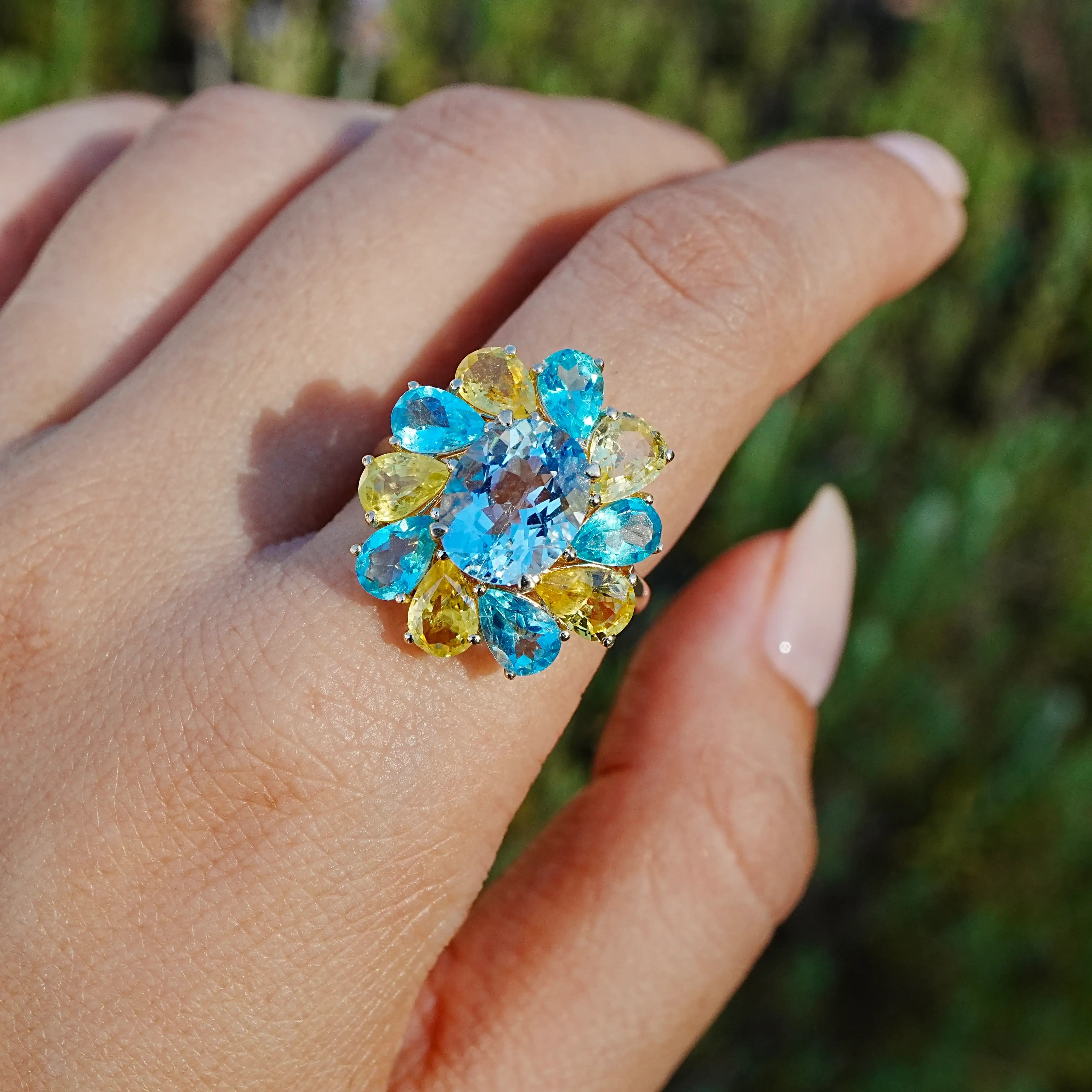 kai fine jewelry Melissa 7.05 ctw Natural Aquamarine, Yellow Sapphire & Apatite Ring size 7 (One-of-a-Kind)