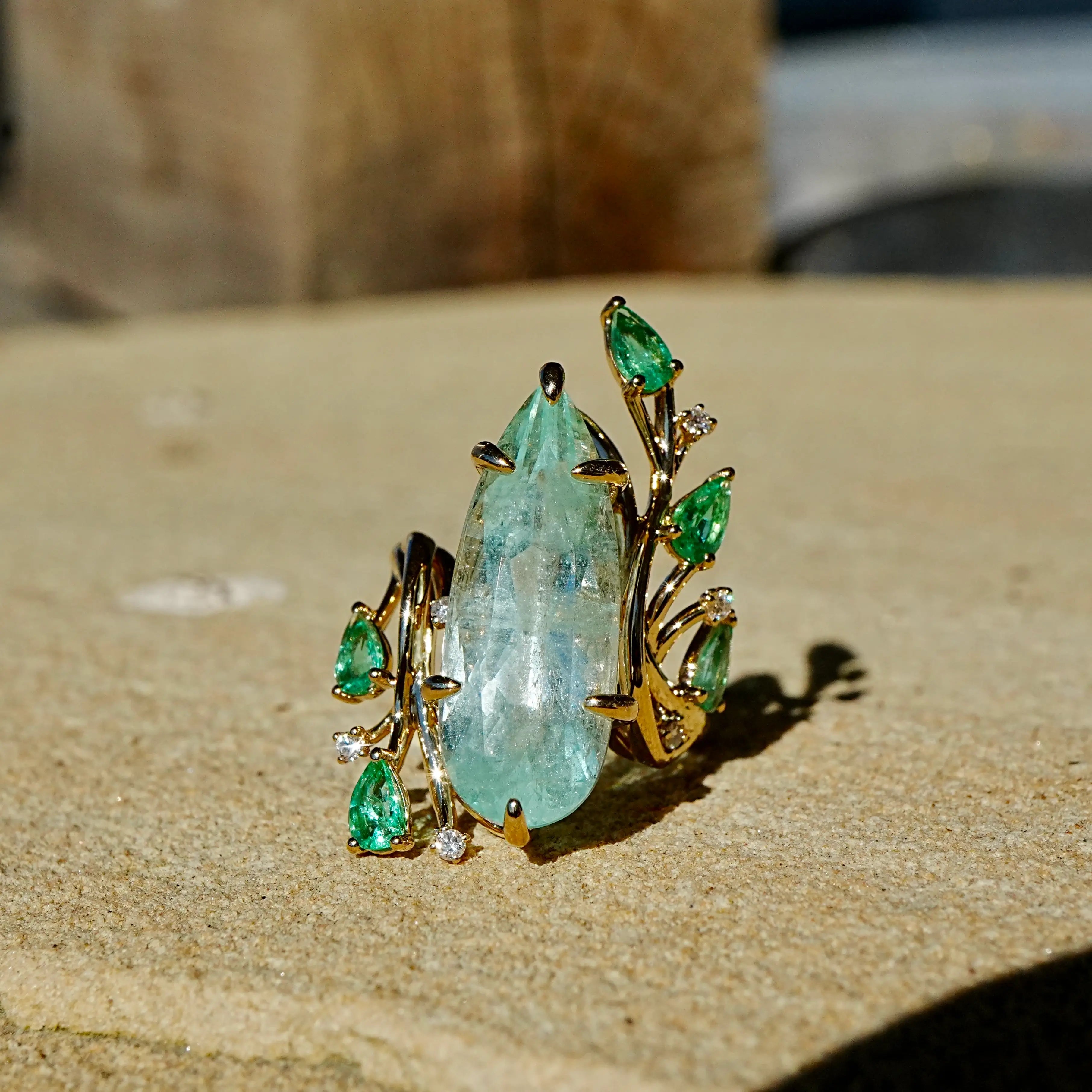 Enchanted Vine 10.35 ctw Guild Ceritified Green Beryl, Emerald & Diamond Ring (One-of-a-Kind)