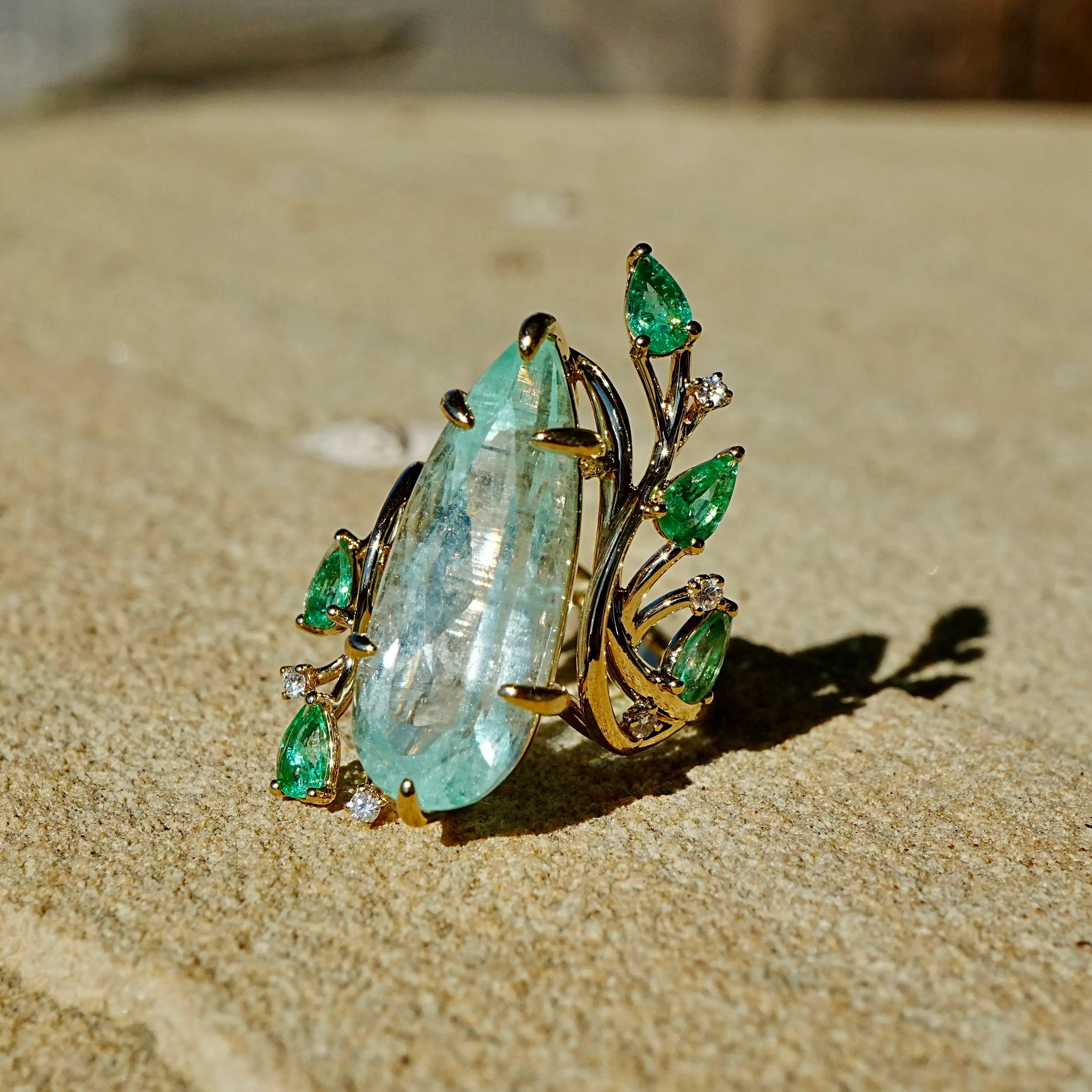 Enchanted Vine 10.35 ctw Guild Ceritified Green Beryl, Emerald & Diamond Ring (One-of-a-Kind)