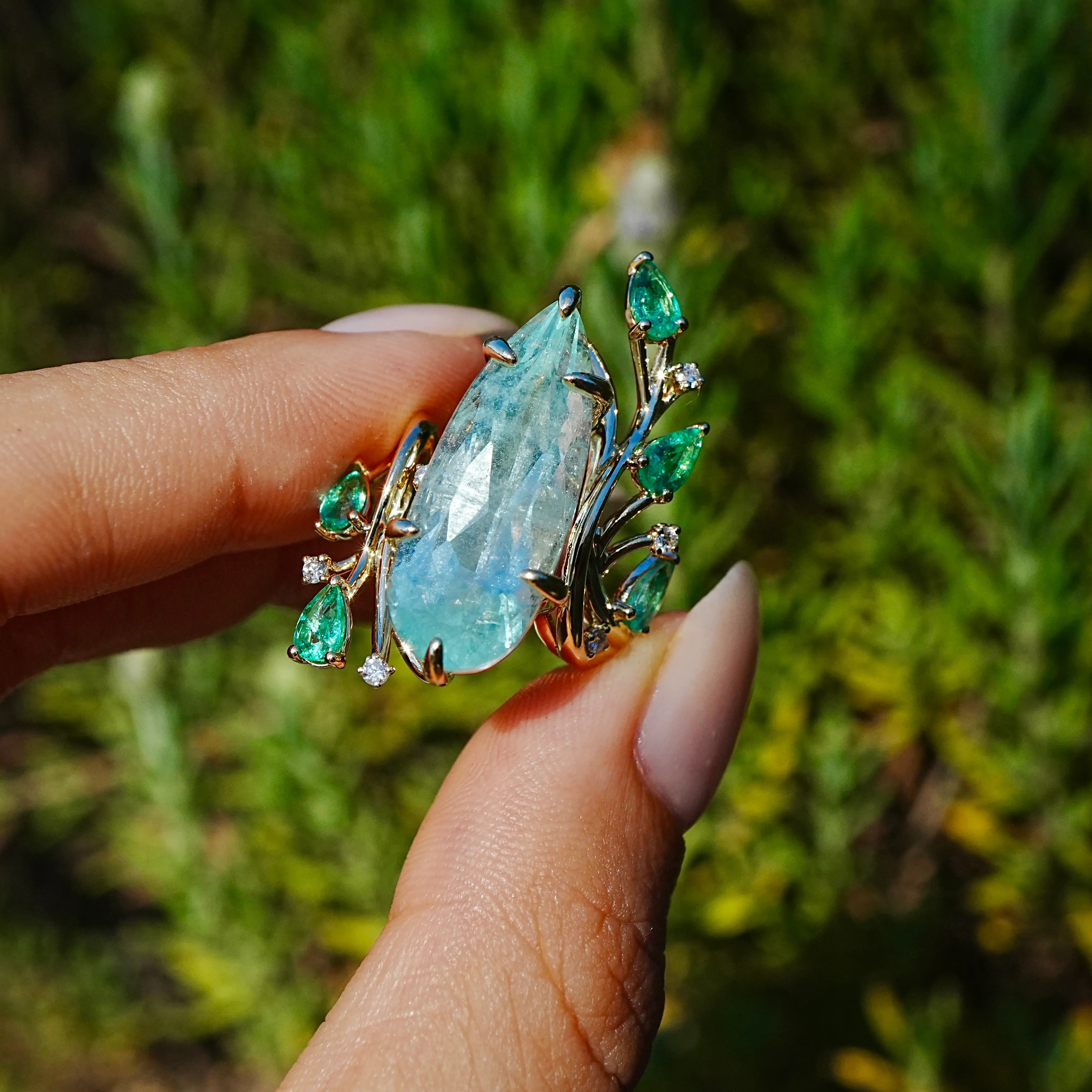 Enchanted Vine 10.35 ctw Guild Ceritified Green Beryl, Emerald & Diamond Ring (One-of-a-Kind)