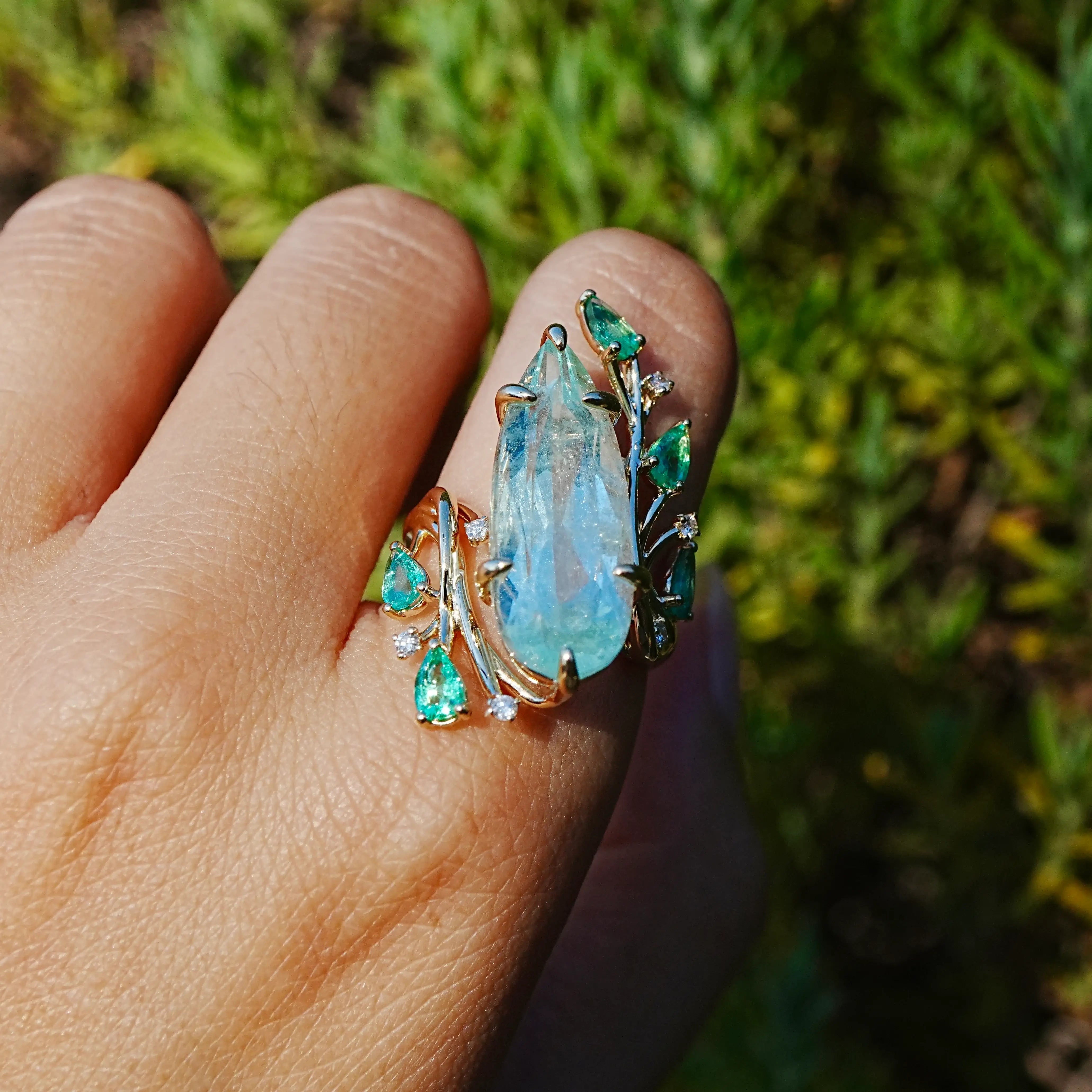 Enchanted Vine 10.35 ctw Guild Ceritified Green Beryl, Emerald & Diamond Ring (One-of-a-Kind)