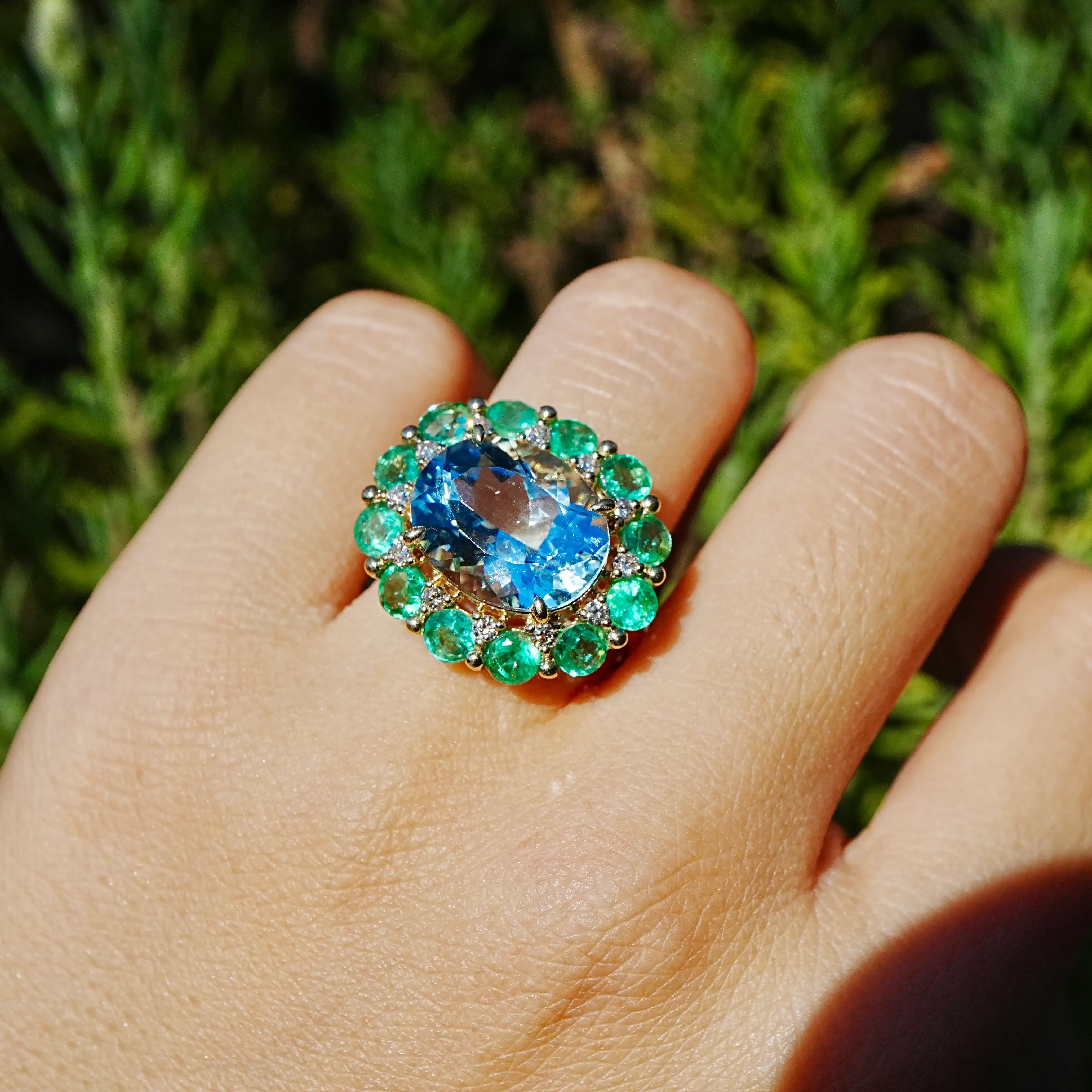 Kai Fine Jewelry Belle Halo 8.19 ctw Guild Certified Natural Aquamarine Emerald & Diamond East-West Ring Size 7 (One-of-a-Kind)