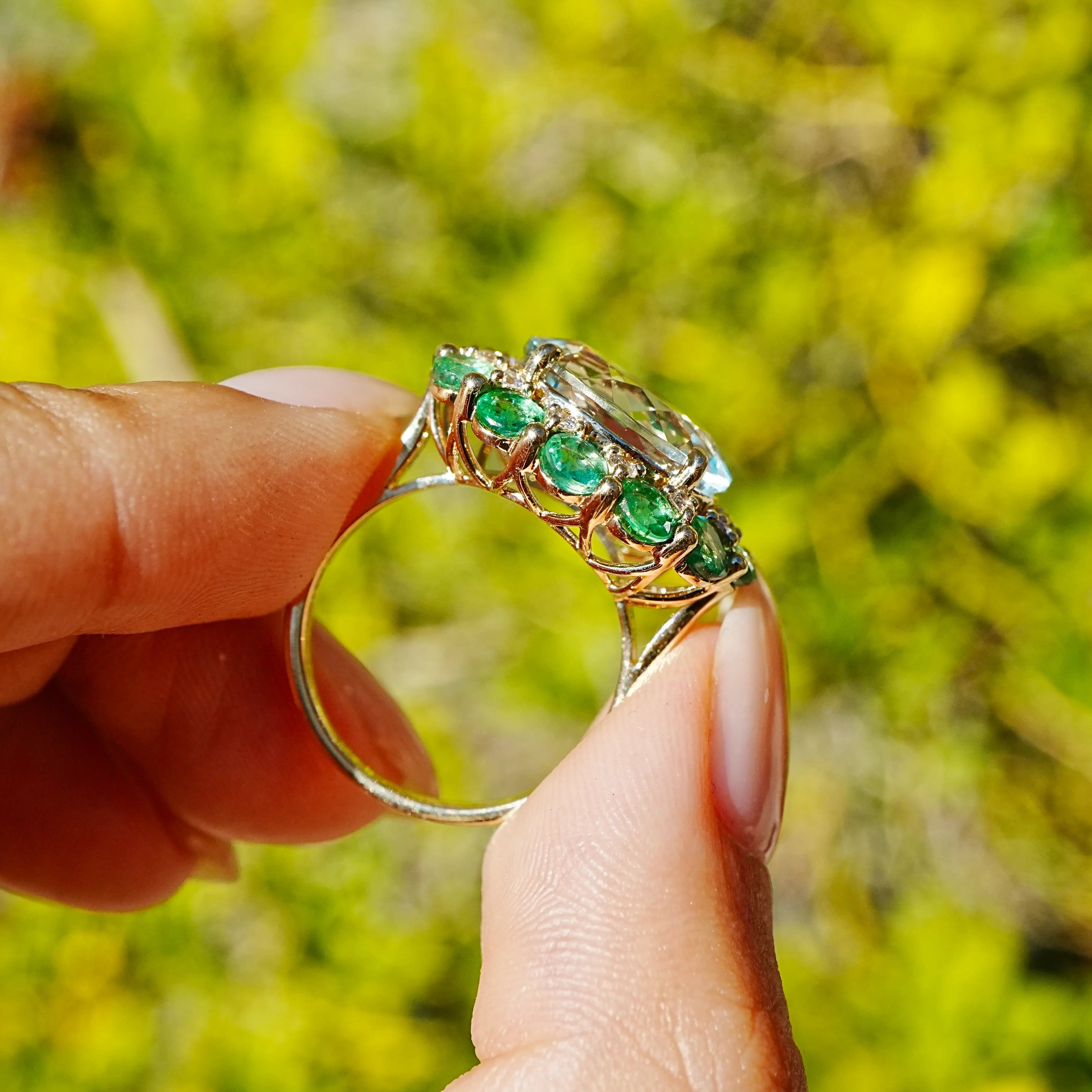Kai Fine Jewelry Belle Halo 8.19 ctw Guild Certified Natural Aquamarine Emerald & Diamond East-West Ring Size 7 (One-of-a-Kind)