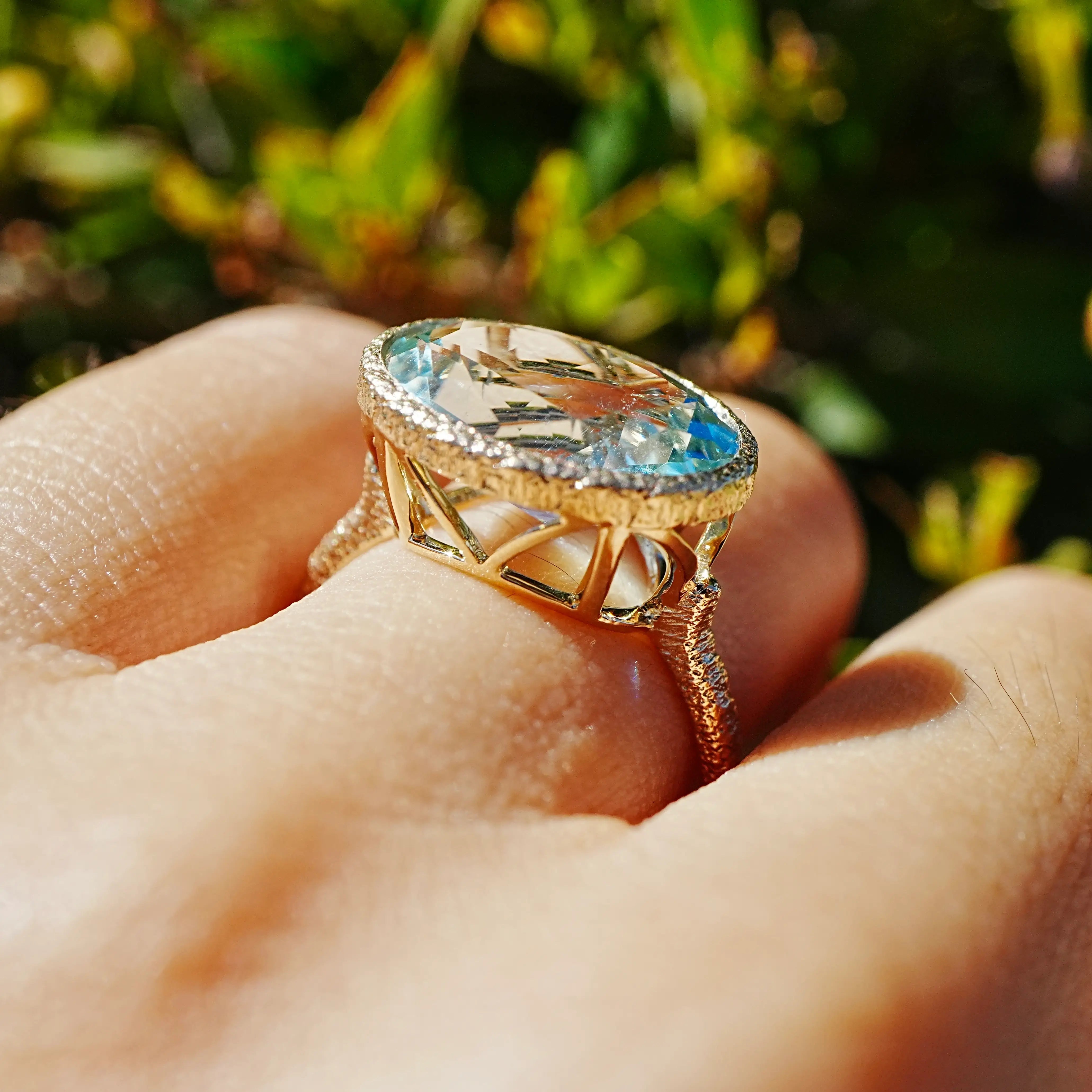 14k yellow gold Aria Arch 4.96ct AIGS Certified Natural Aquamarine East-West Ring (One-of-a-Kind) size 7