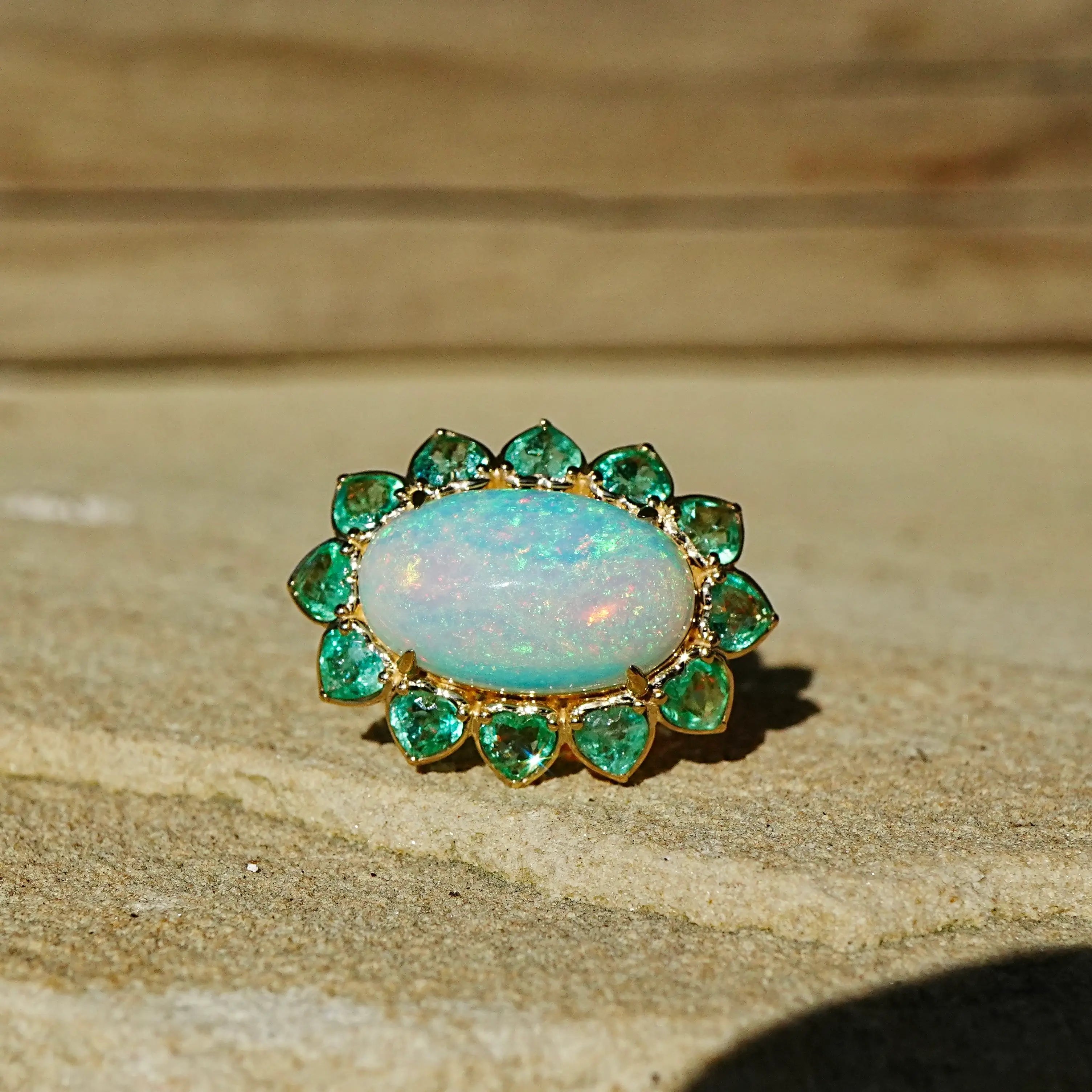 14k yellow gold Bloom Halo 10.14ctw Natural Opal & Emerald East-West Ring (One-of-a-Kind) size 7