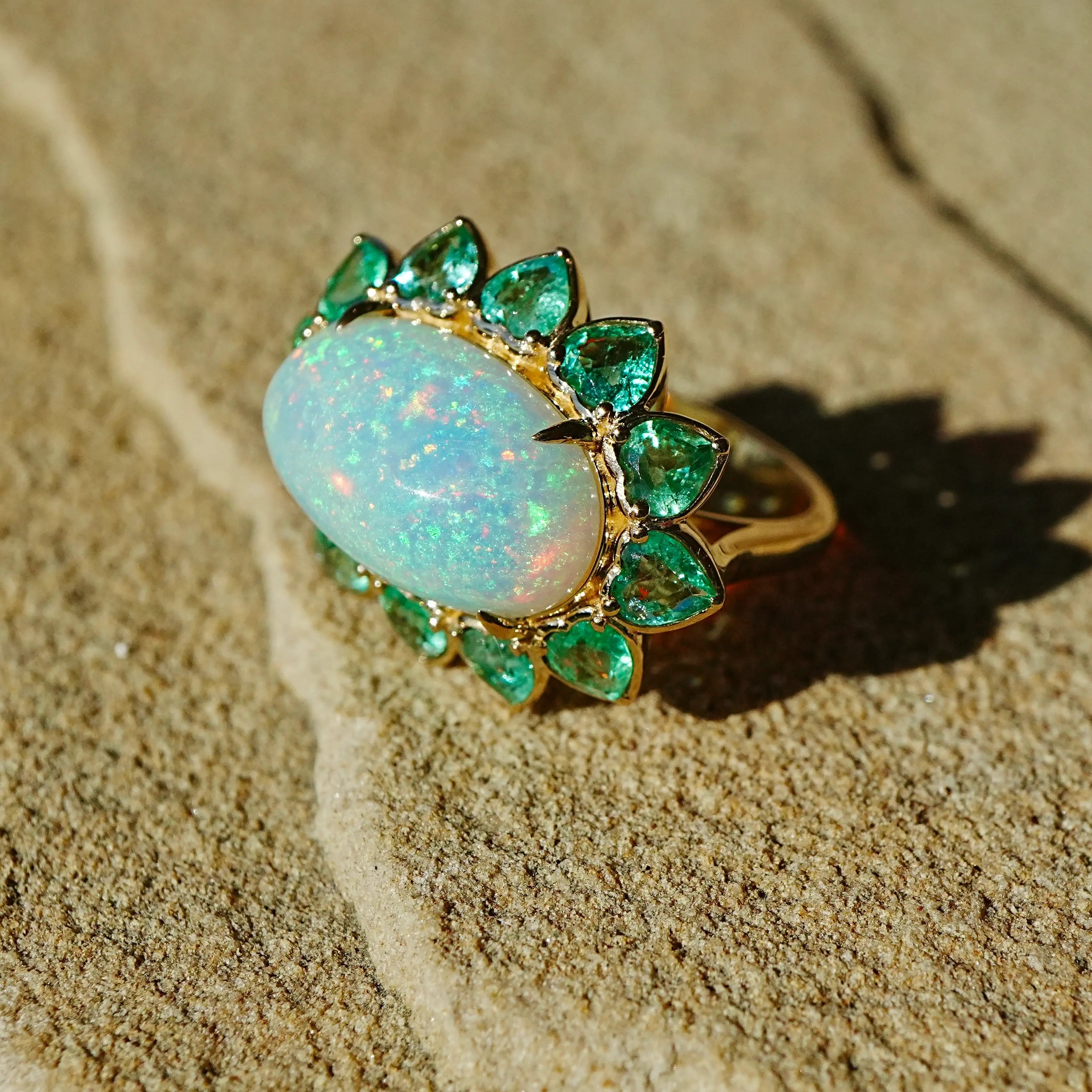 14k yellow gold Bloom Halo 10.14ctw Natural Opal & Emerald East-West Ring (One-of-a-Kind) size 7