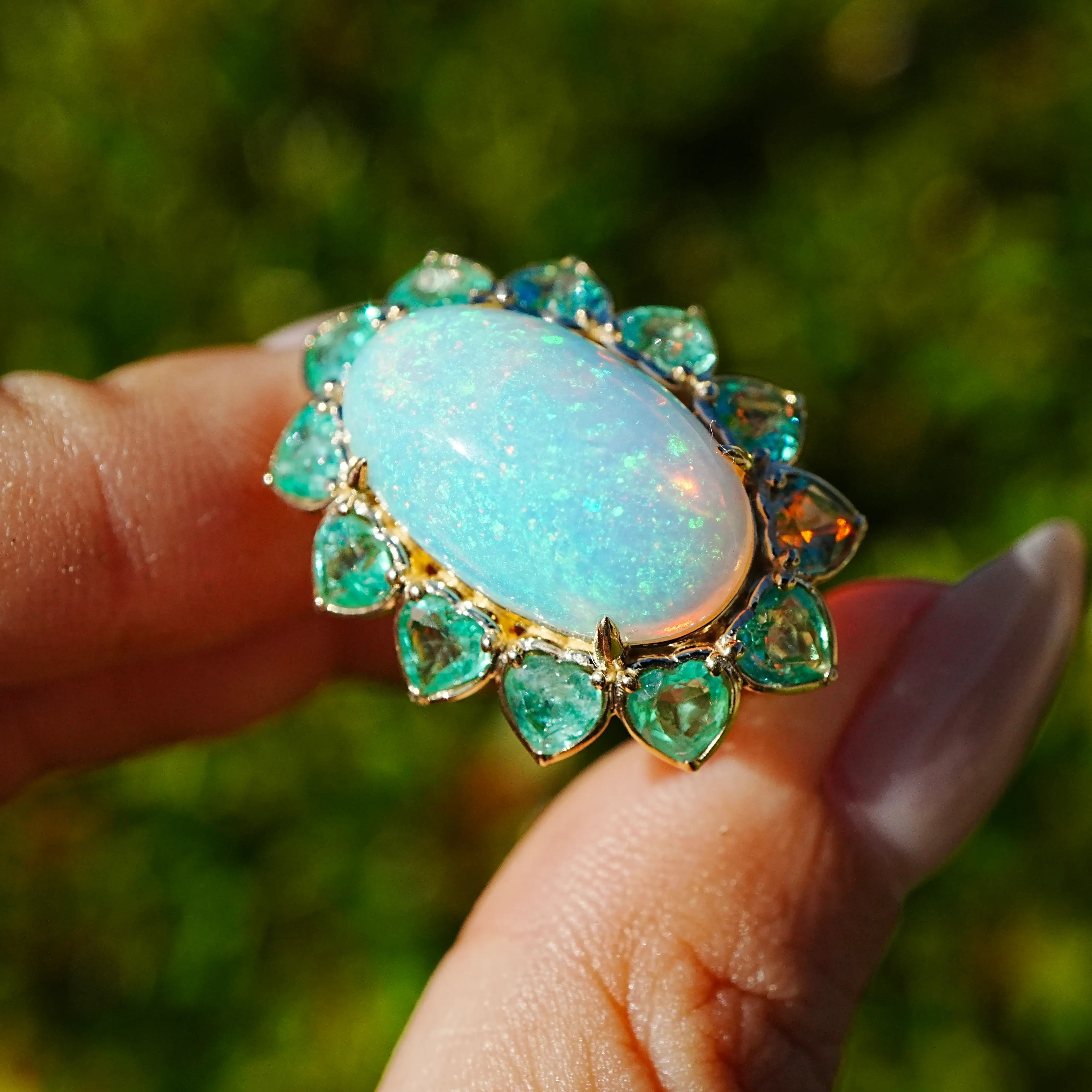14k yellow gold Bloom Halo 10.14ctw Natural Opal & Emerald East-West Ring (One-of-a-Kind) size 7