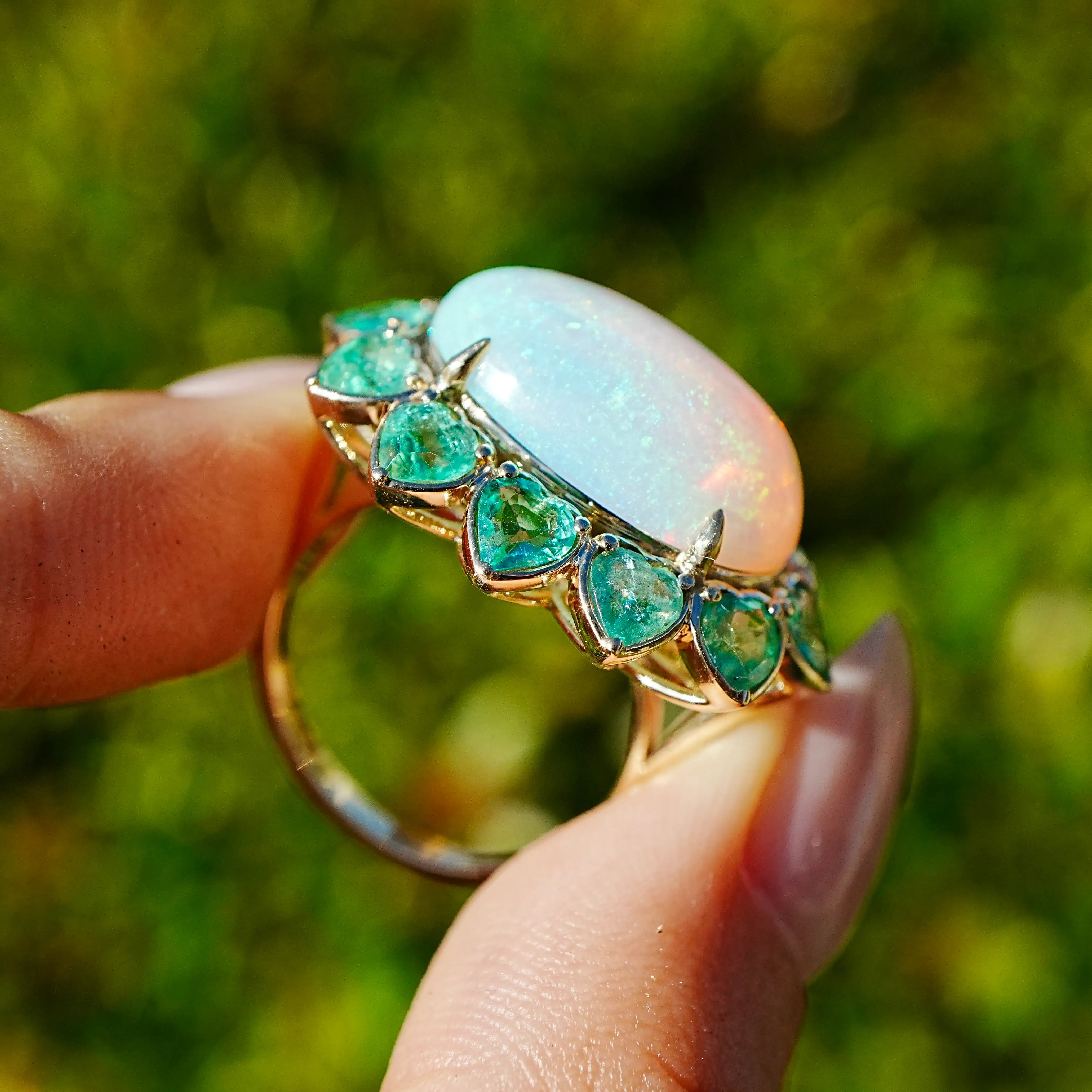 14k yellow gold Bloom Halo 10.14ctw Natural Opal & Emerald East-West Ring (One-of-a-Kind) size 7