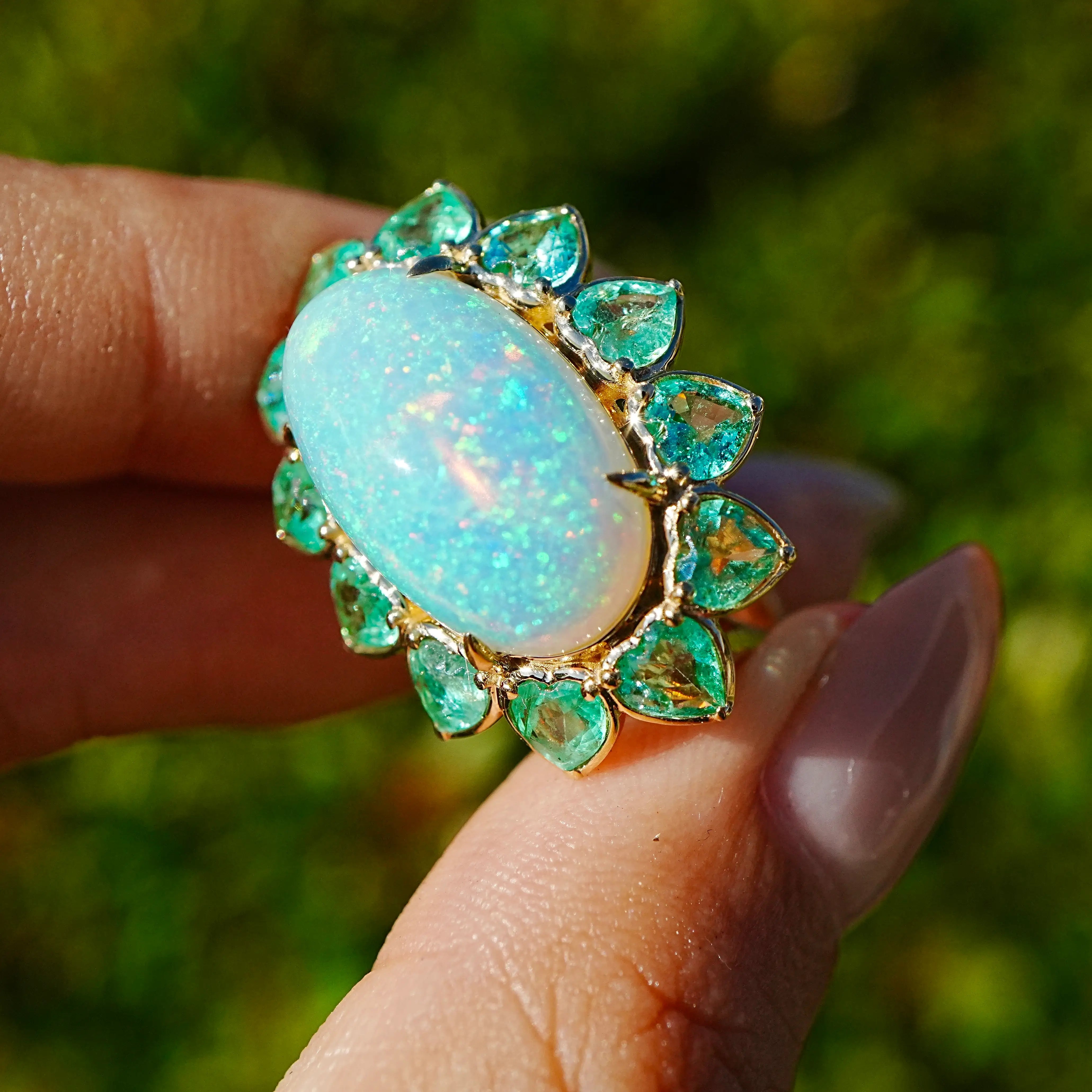 14k yellow gold Bloom Halo 10.14ctw Natural Opal & Emerald East-West Ring (One-of-a-Kind) size 7