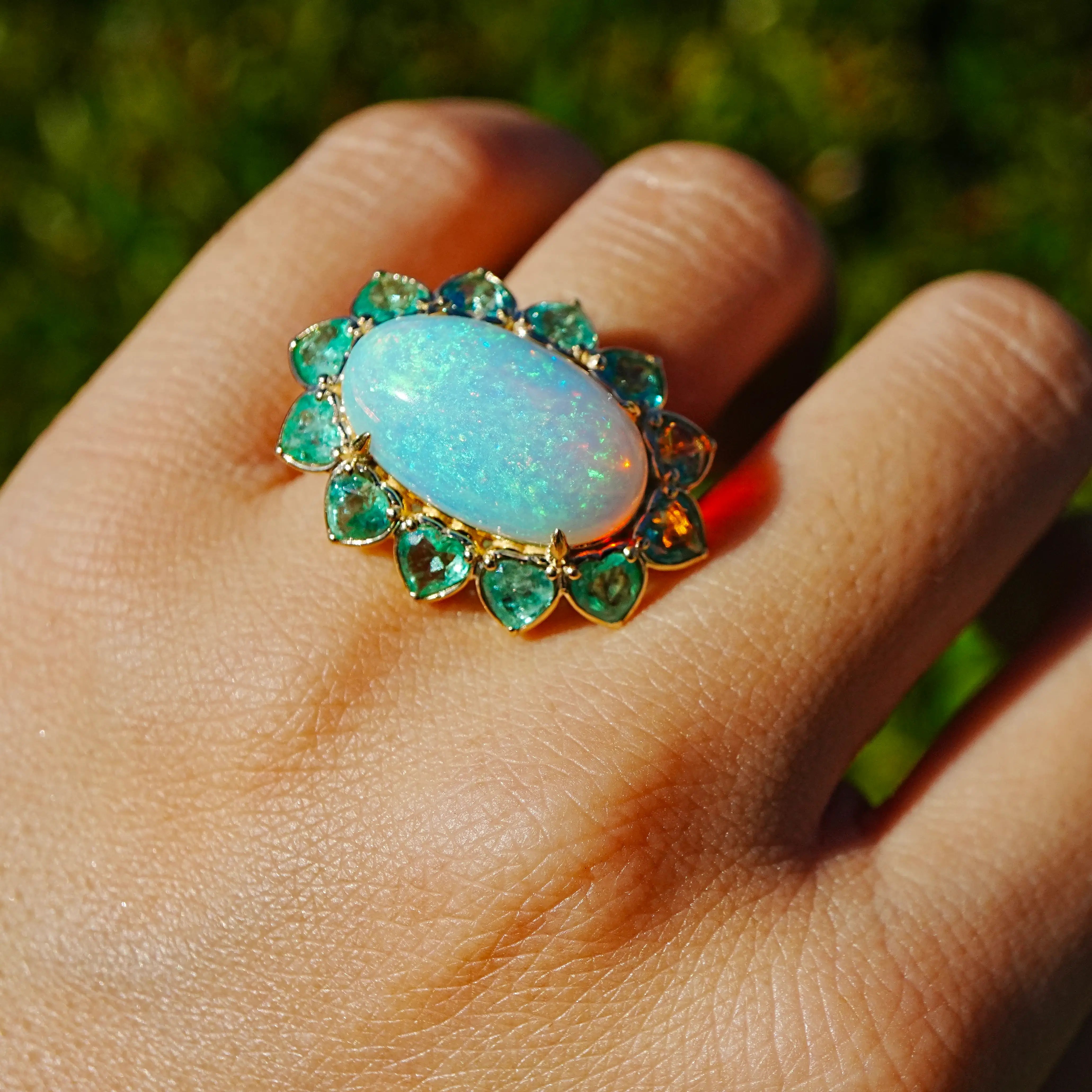 14k yellow gold Bloom Halo 10.14ctw Natural Opal & Emerald East-West Ring (One-of-a-Kind) size 7