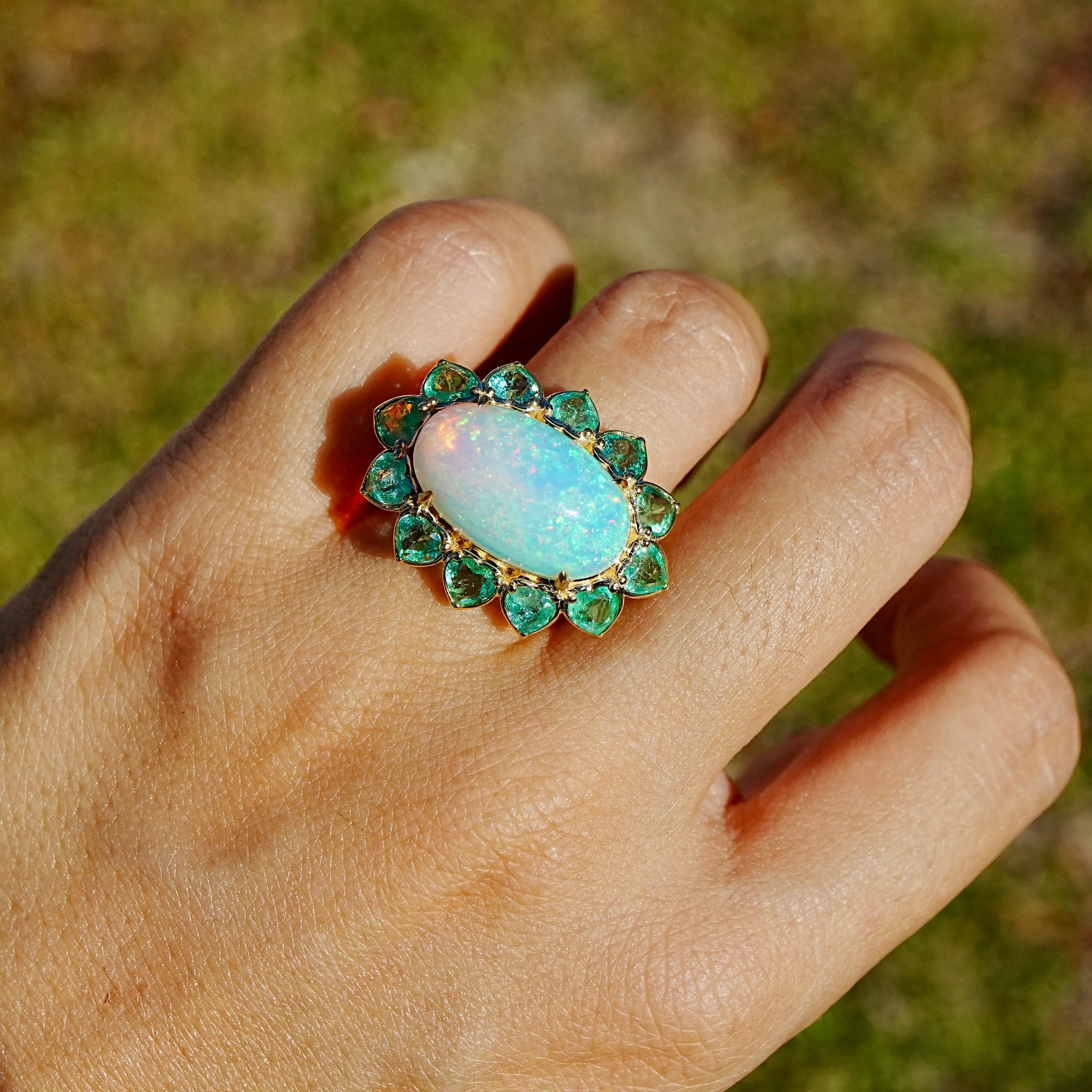 14k yellow gold Bloom Halo 10.14ctw Natural Opal & Emerald East-West Ring (One-of-a-Kind) size 7