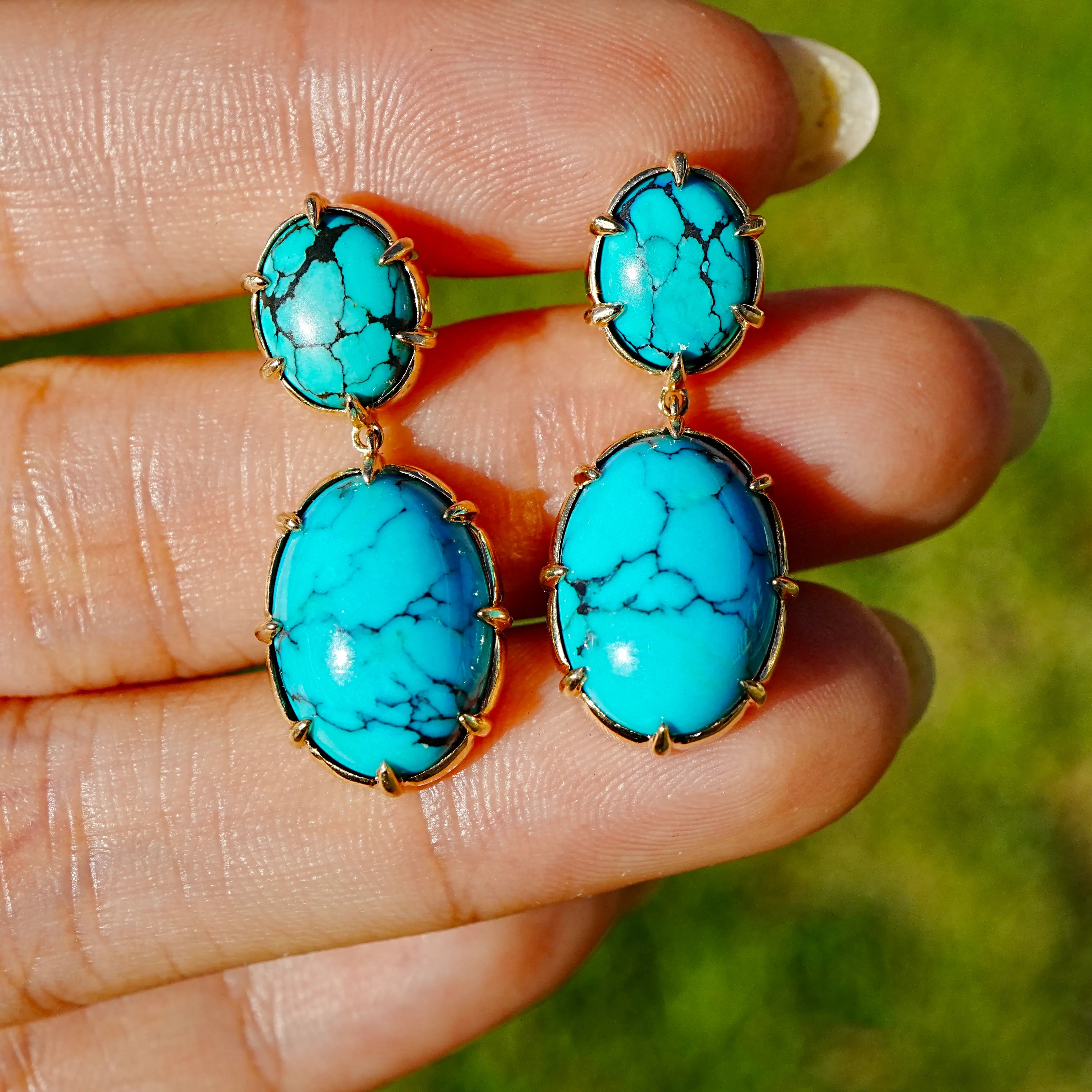 14k yellow gold Aurea 9.50 ctw Natural Turquoise Drop Earrings (One-of-a-Kind)