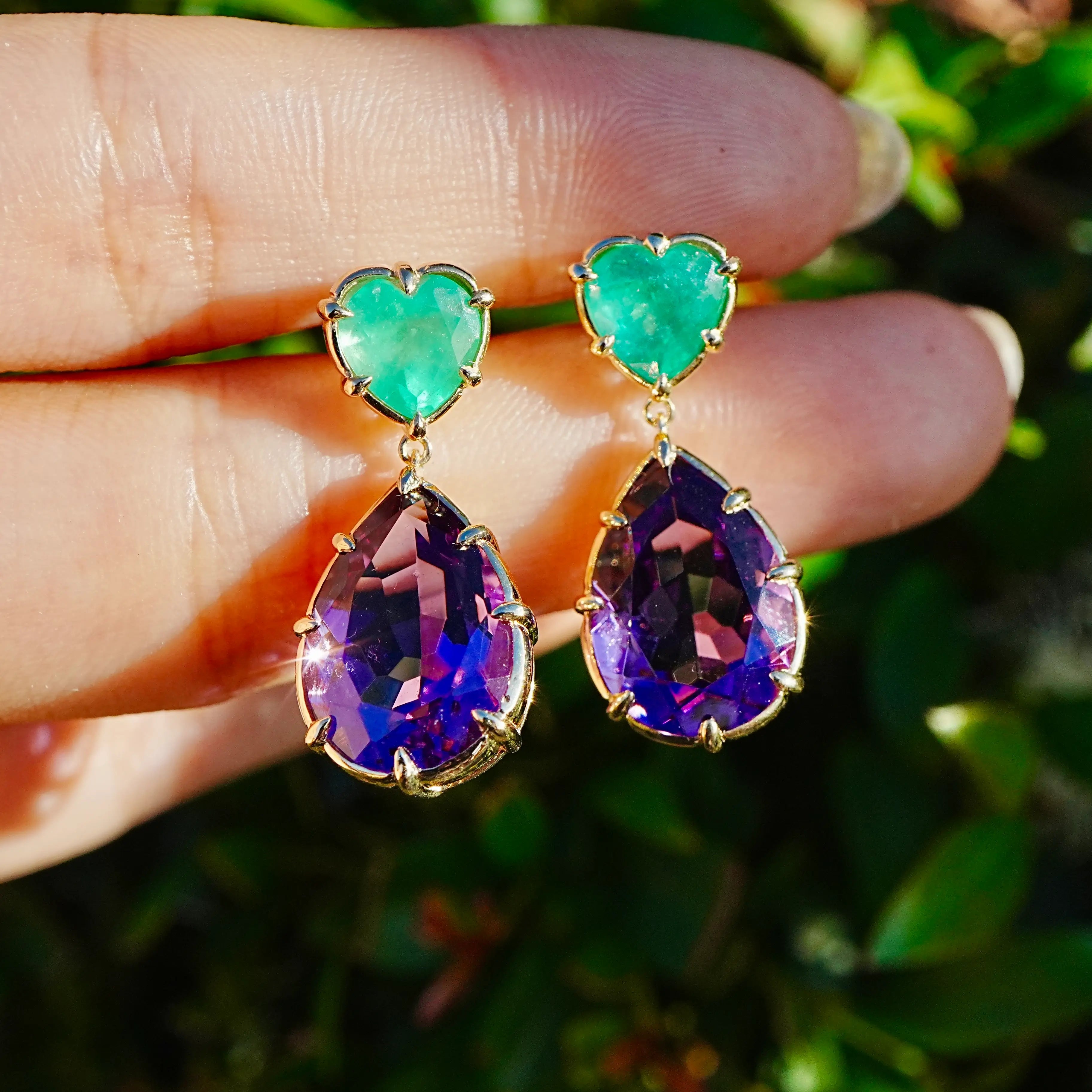 14k yellow gold Aurea 12.47 ctw Natural Emerald & Amethyst Drop Earrings (One-of-a-Kind)