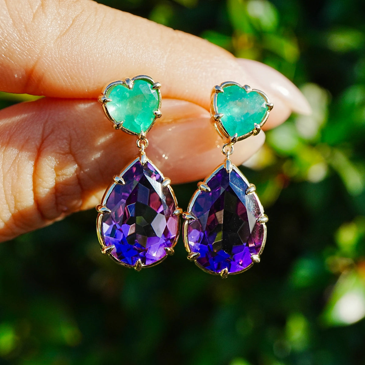 14k yellow gold Aurea 12.47 ctw Natural Emerald & Amethyst Drop Earrings (One-of-a-Kind)