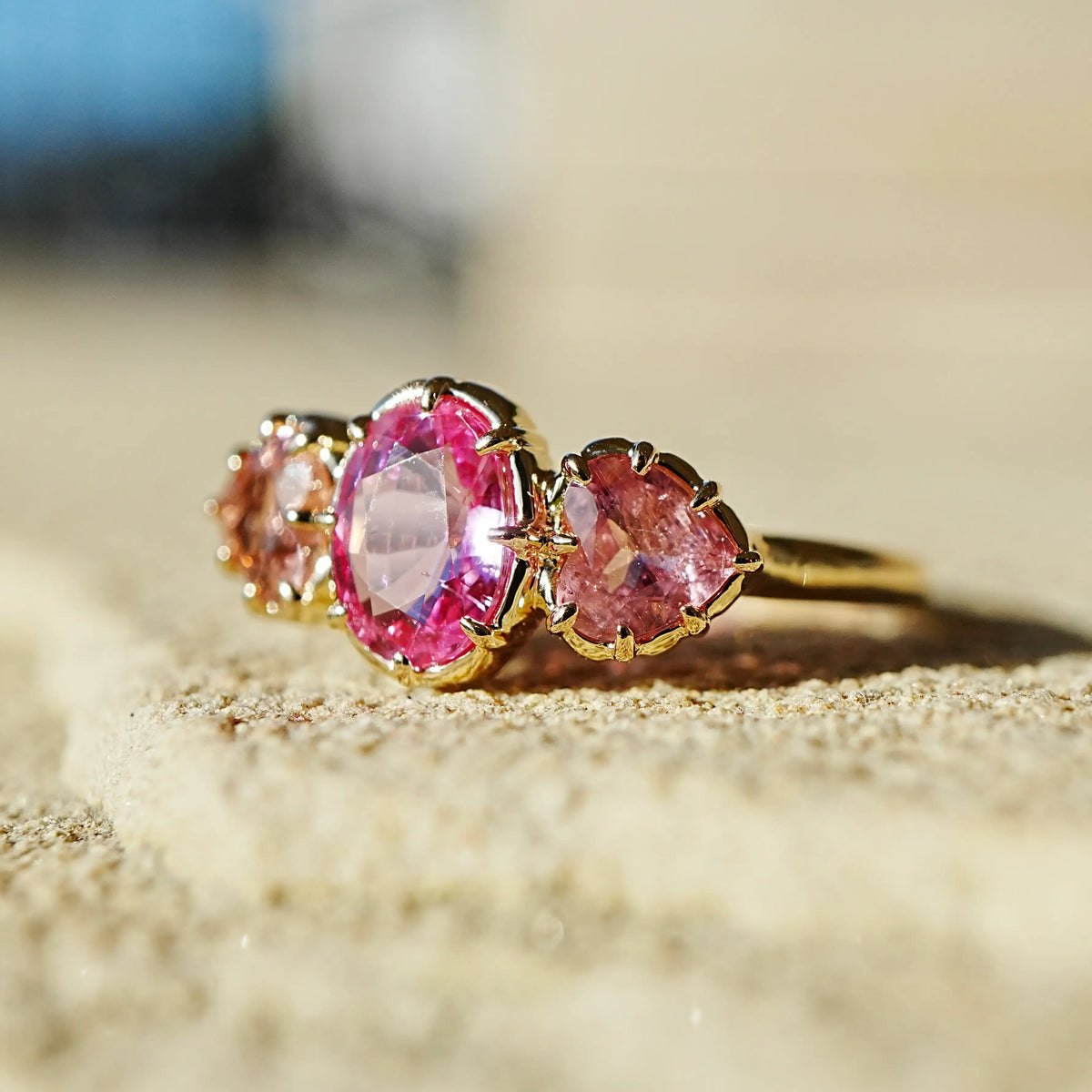 14k yellow gold Aurea 2.06 ctw Natural Pink Sapphire & Tourmaline Three-Stone Ring (One-of-a-Kind)