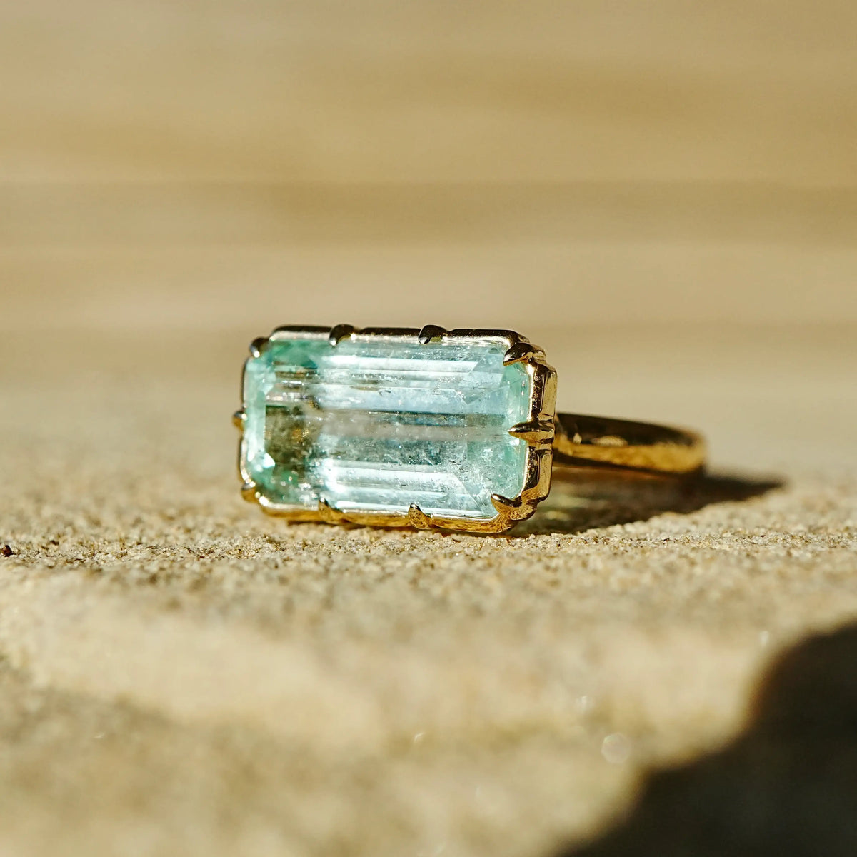 14k yellow gold Aurea 4.34 ctw Guild Certified Natural Blue-Green Beryl East-West Ring (One-of-a-Kind)