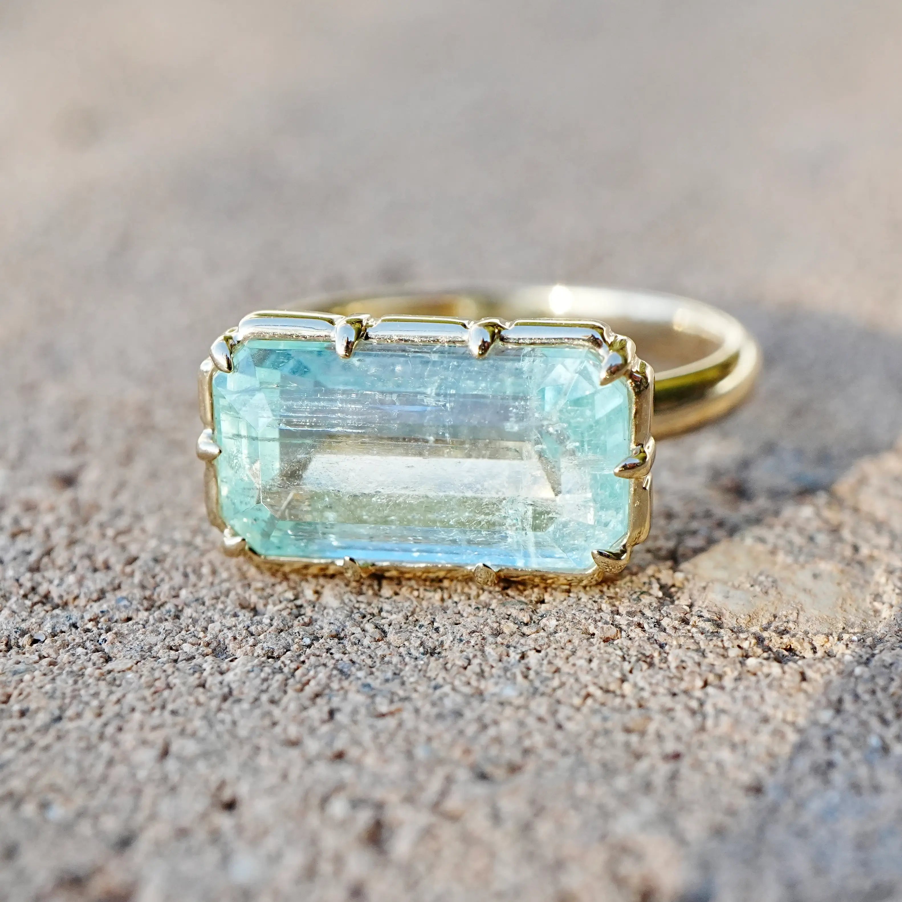 14k yellow gold Aurea 4.34 ctw Guild Certified Natural Blue-Green Beryl East-West Ring (One-of-a-Kind)