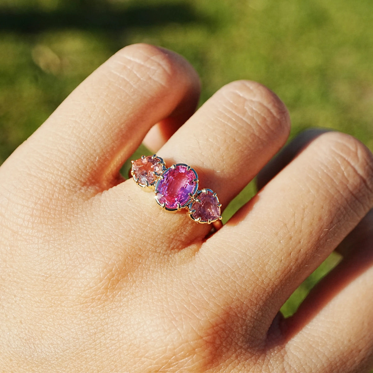 14k yellow gold Aurea 2.06 ctw Natural Pink Sapphire & Tourmaline Three-Stone Ring (One-of-a-Kind)