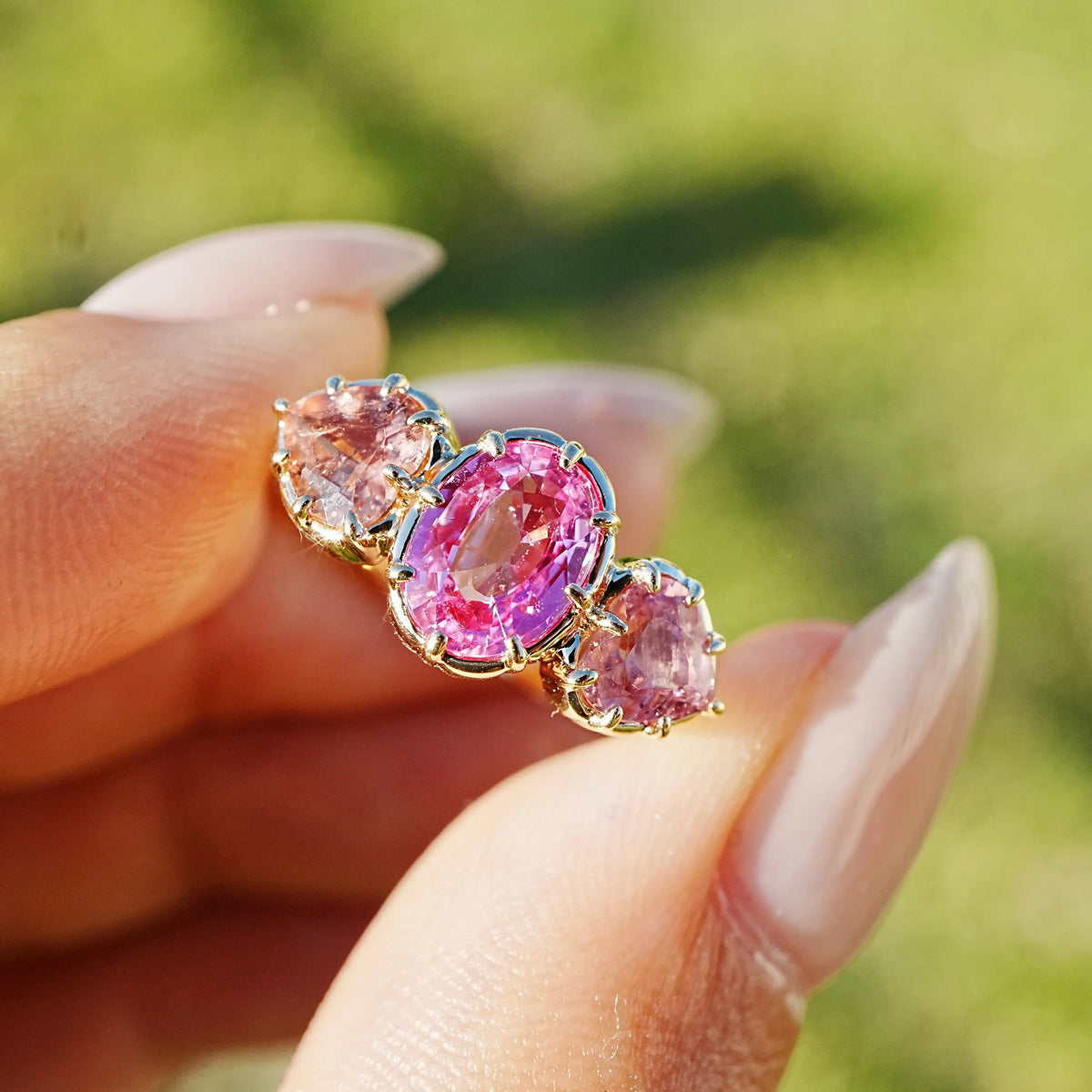 14k yellow gold Aurea 2.06 ctw Natural Pink Sapphire & Tourmaline Three-Stone Ring (One-of-a-Kind)