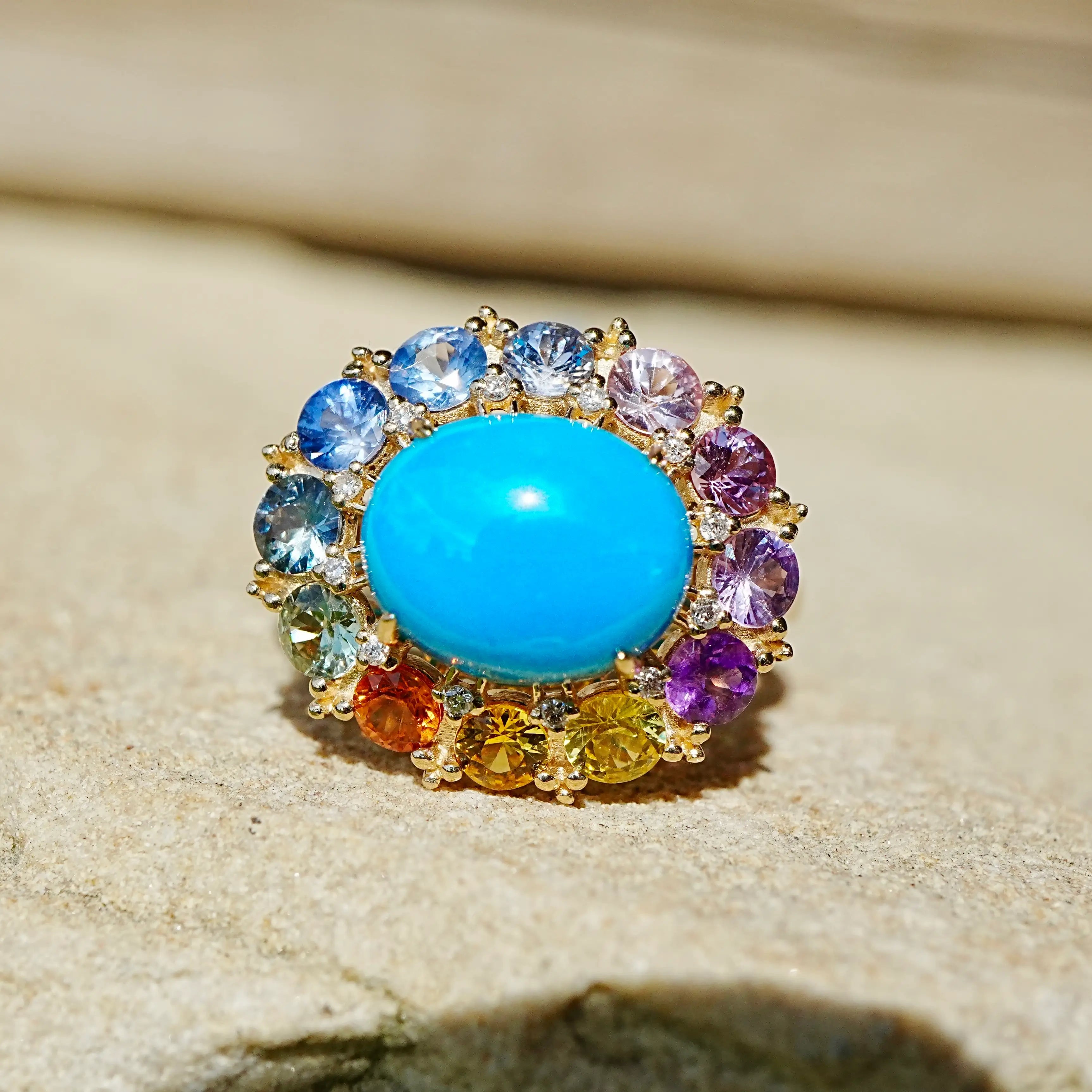 kai fine jewelry 14k yellow gold Belle Halo 4.81 ctw Natural Turquoise, Sapphire & Diamond East-West Ring (One-of-a-Kind)