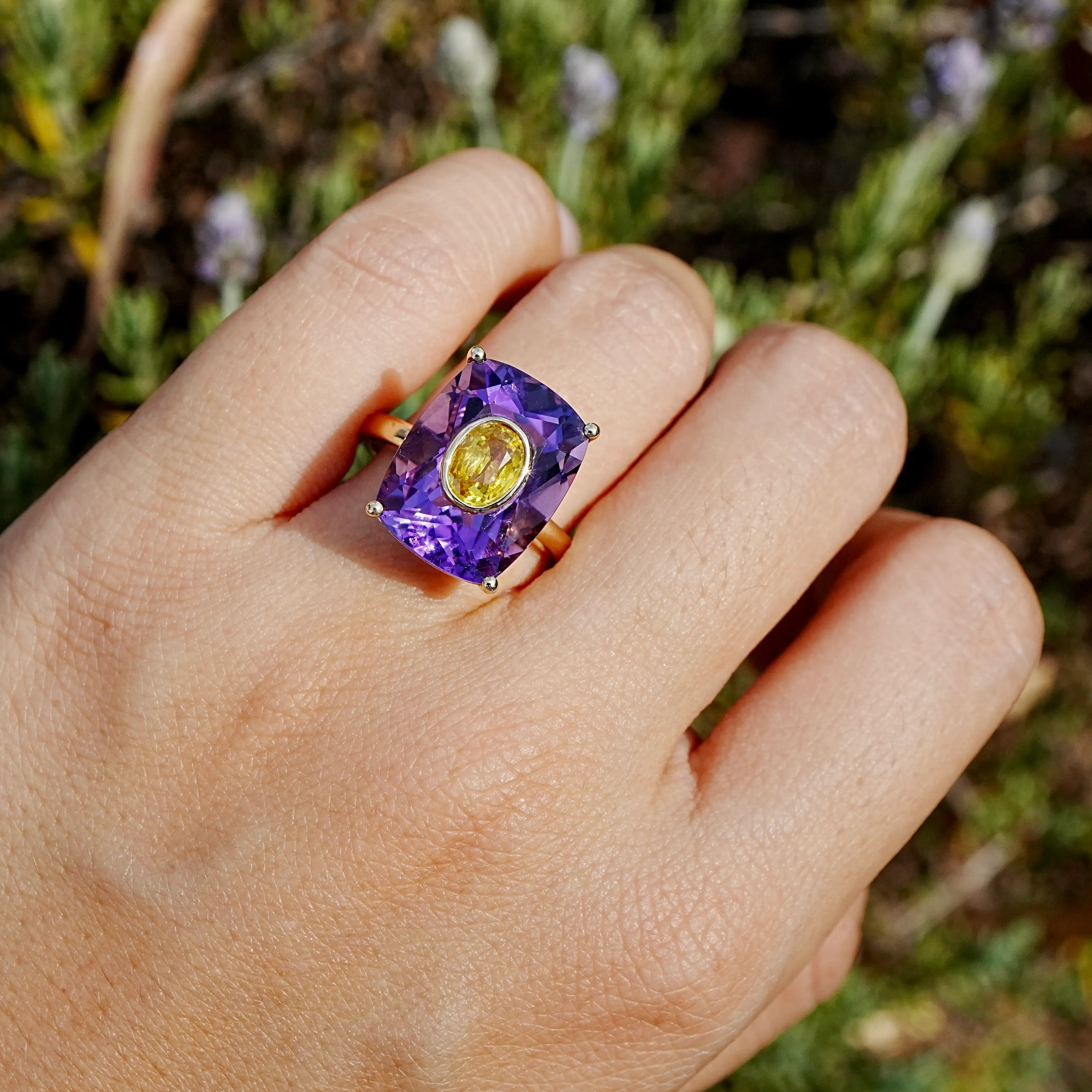 14k yellow gold Inner Light 10.90 ctw Natural Amethyst & Yellow Sapphire Ring (One-of-a-Kind)