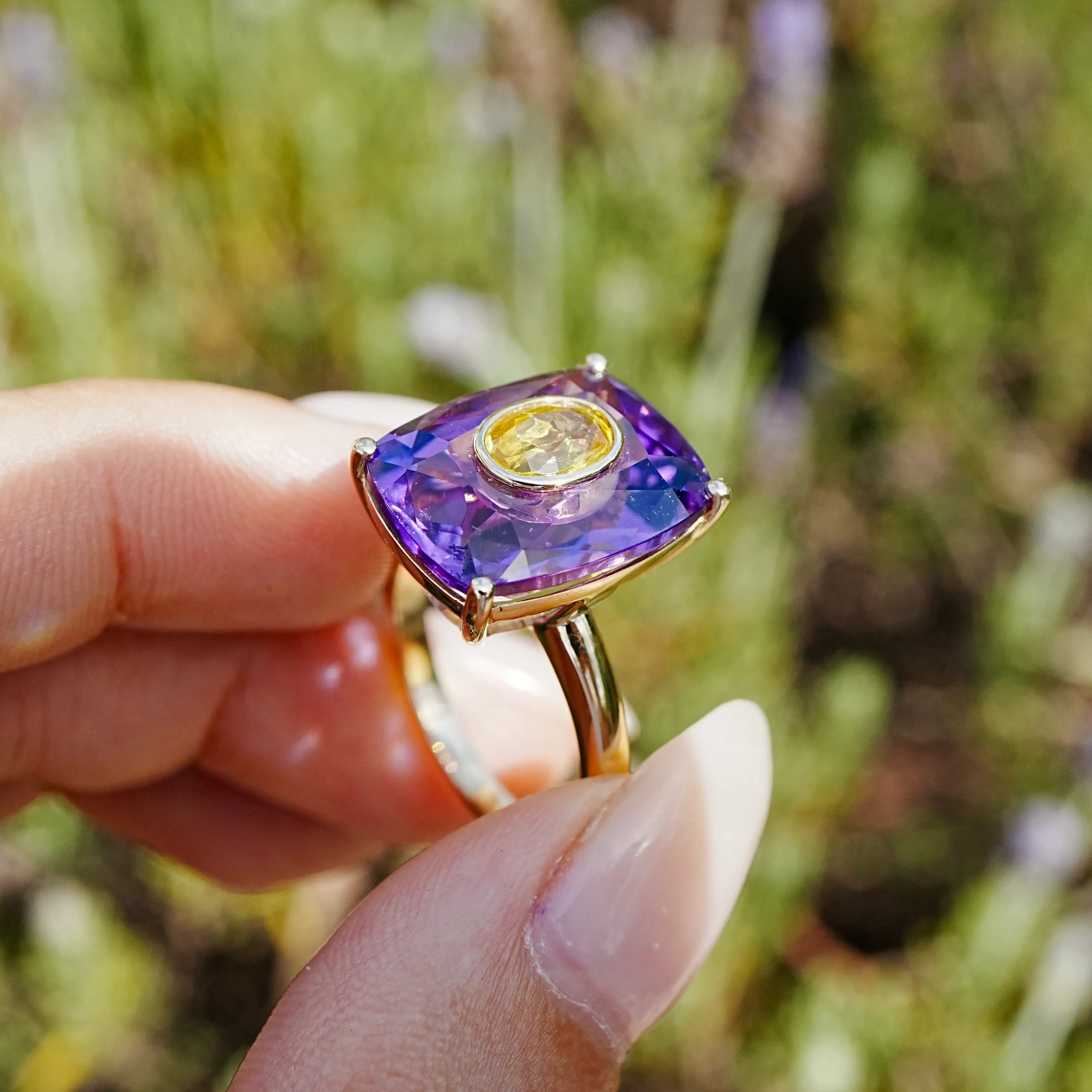 14k yellow gold Inner Light 10.90 ctw Natural Amethyst & Yellow Sapphire Ring (One-of-a-Kind)