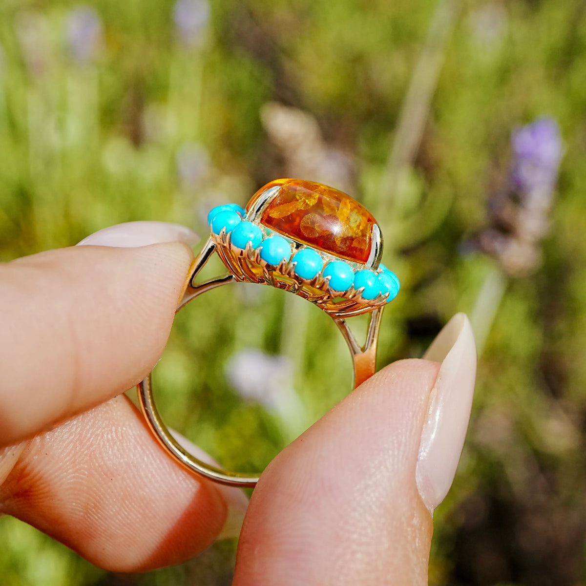 14k yellow gold Eden Halo 3.10 ctw Natural Amber & Turquoise East-West Ring (One-of-a-Kind)