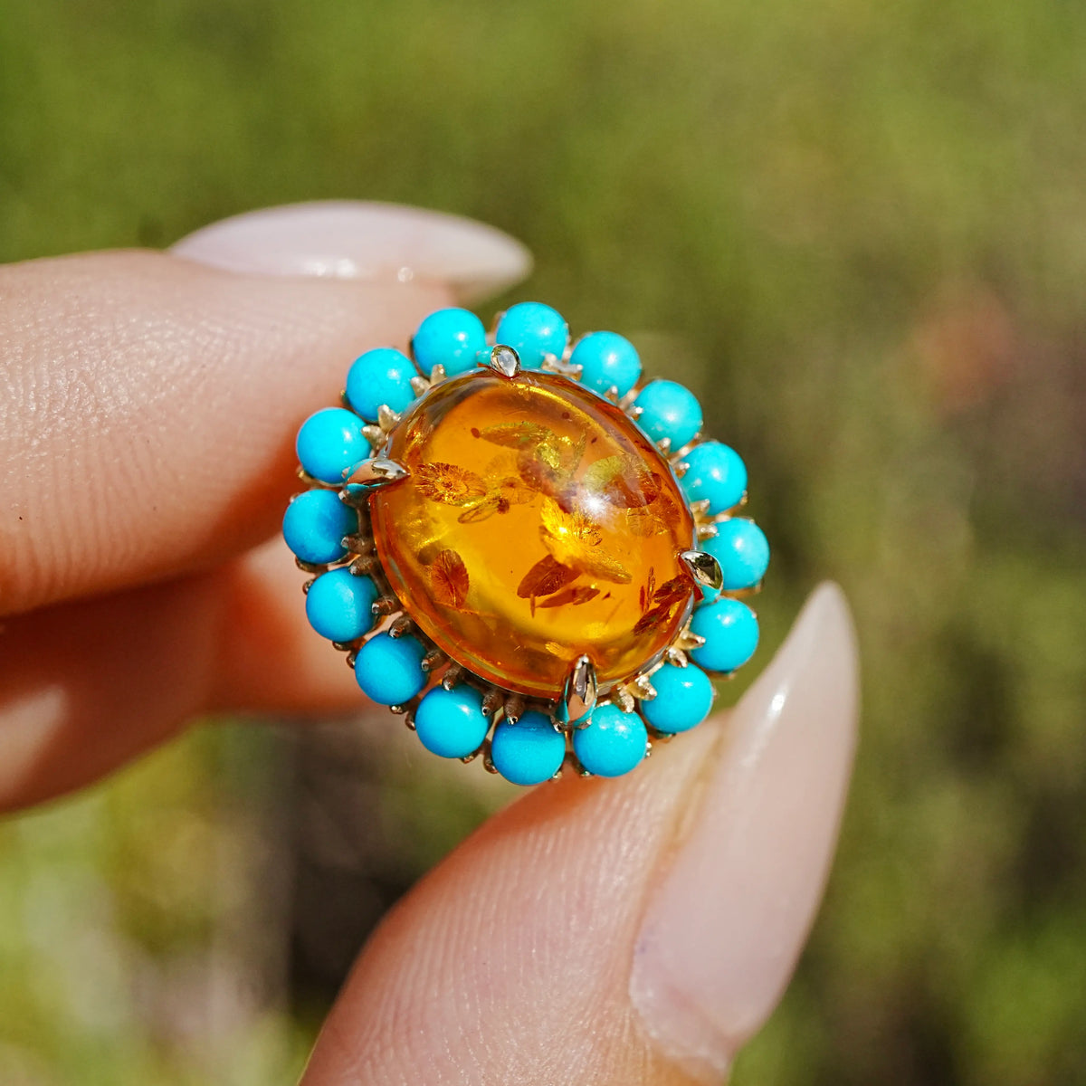 14k yellow gold Eden Halo 3.10 ctw Natural Amber & Turquoise East-West Ring (One-of-a-Kind)