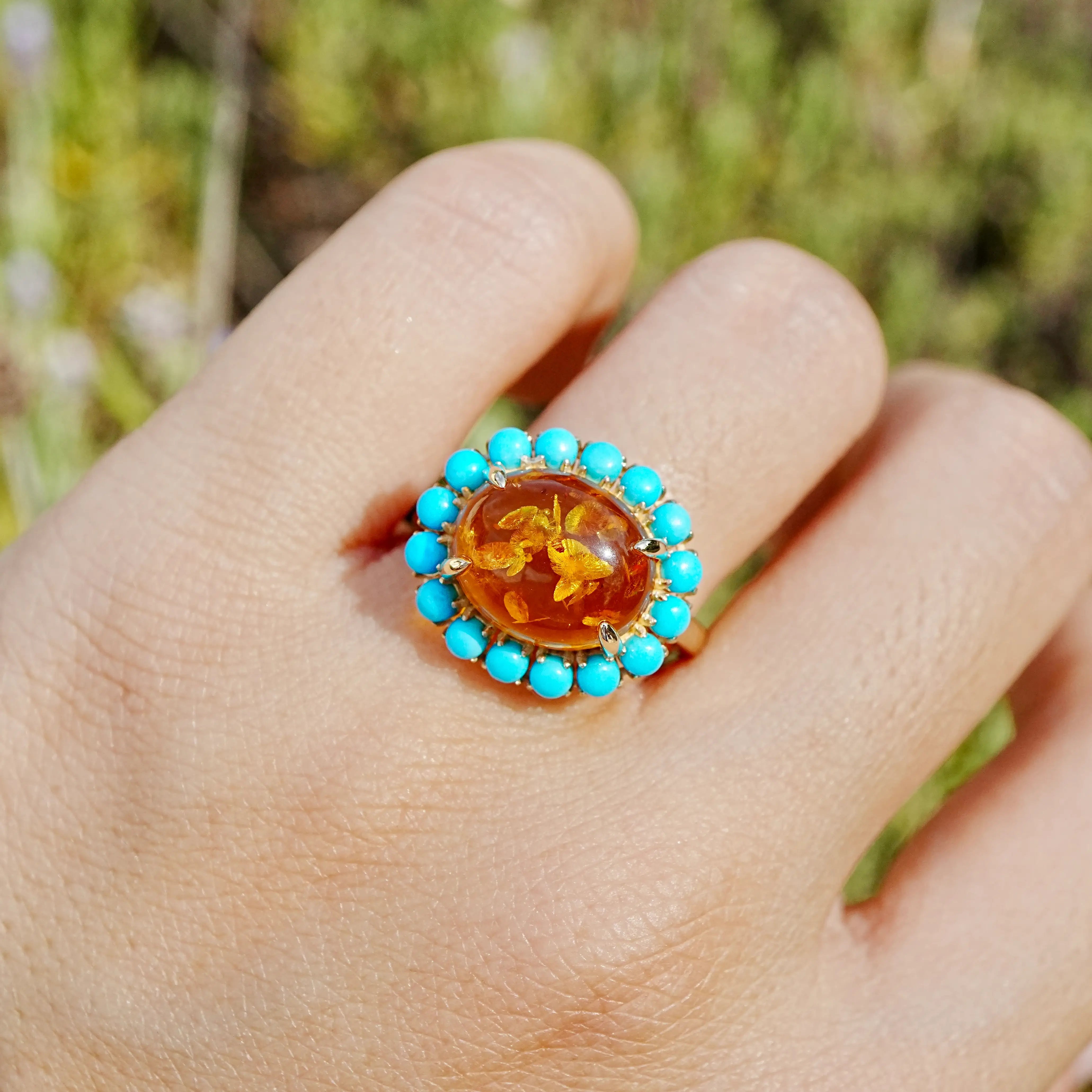 14k yellow gold Eden Halo 3.10 ctw Natural Amber & Turquoise East-West Ring (One-of-a-Kind)