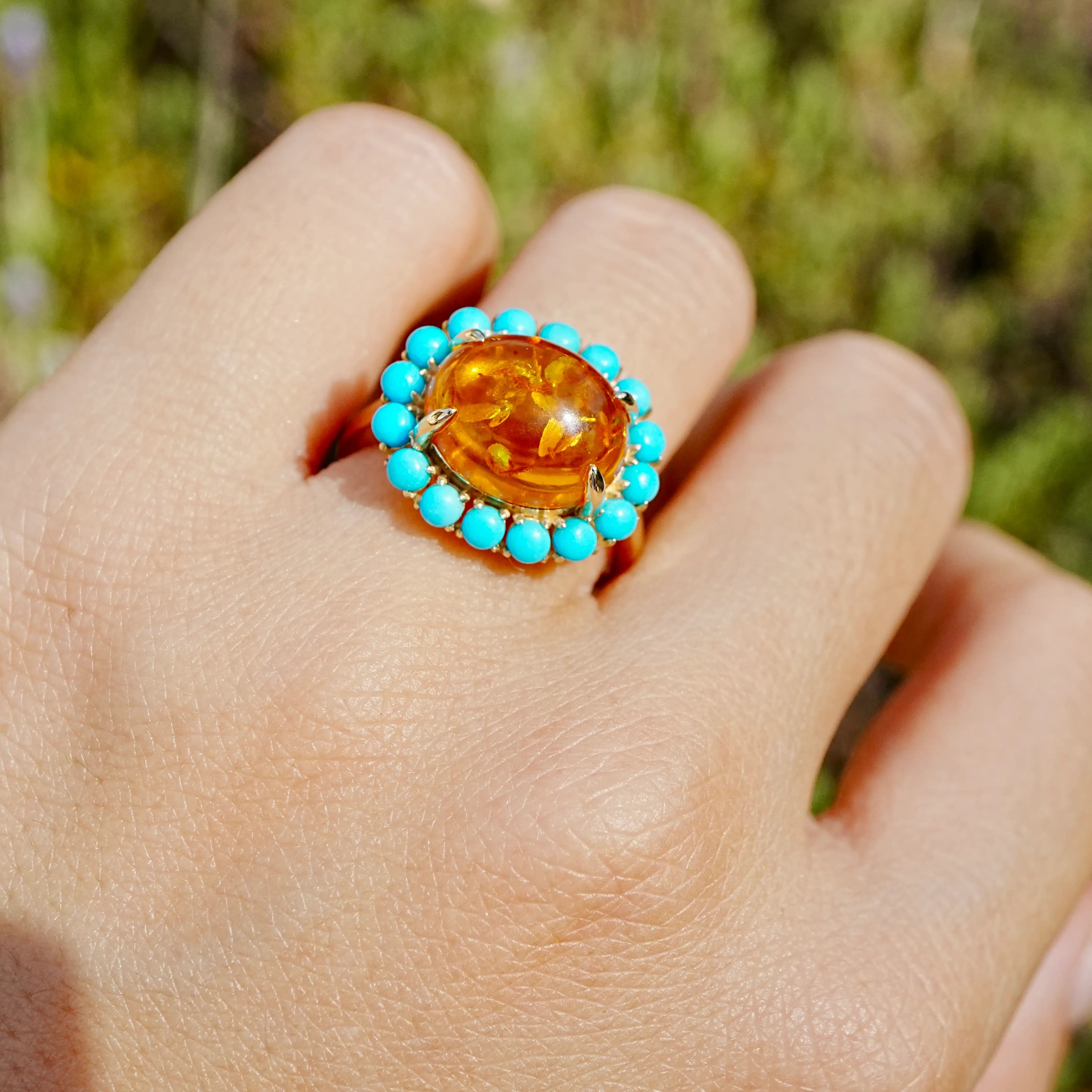 14k yellow gold Eden Halo 3.10 ctw Natural Amber & Turquoise East-West Ring (One-of-a-Kind)