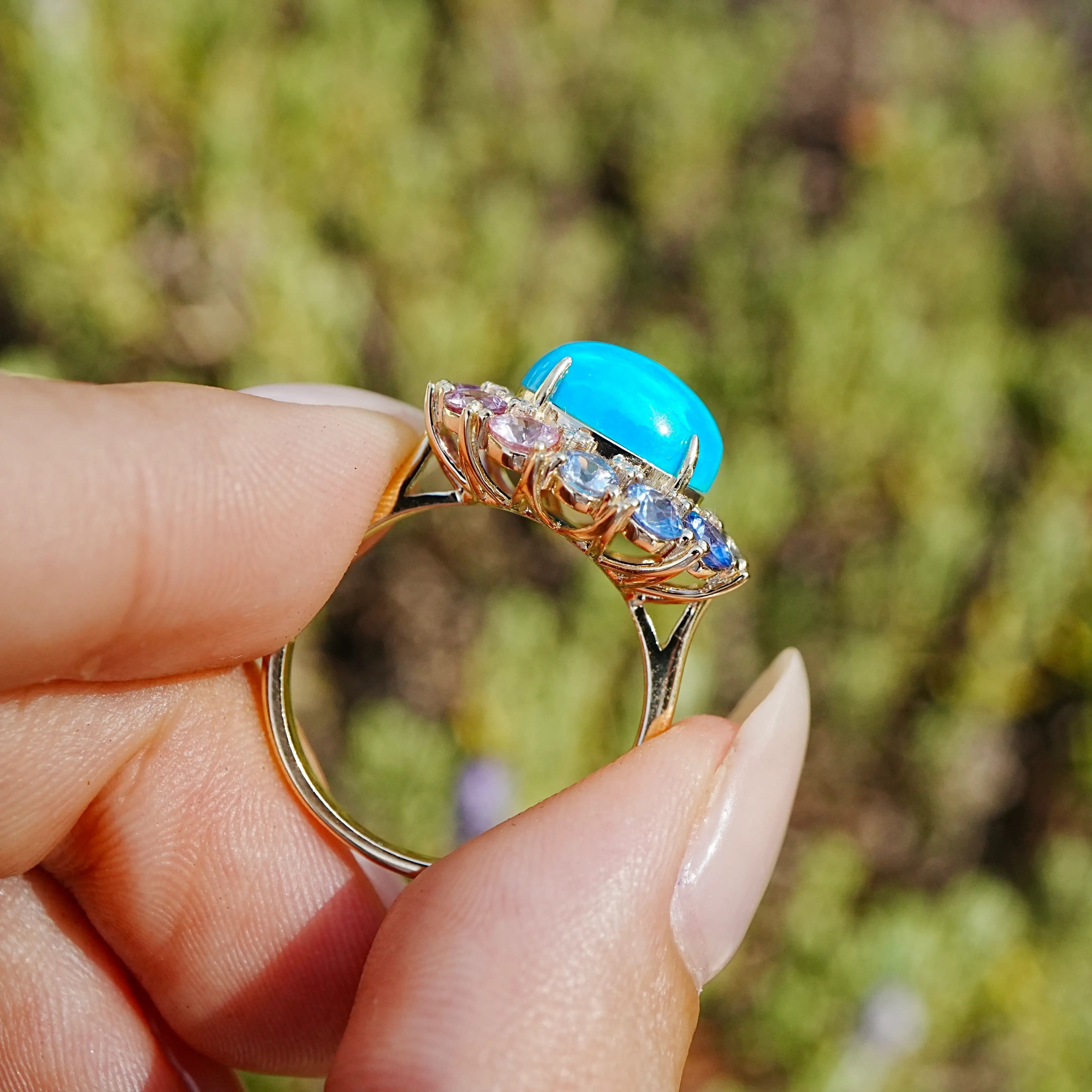 kai fine jewelry 14k yellow gold Belle Halo 4.81 ctw Natural Turquoise, Sapphire & Diamond East-West Ring (One-of-a-Kind)