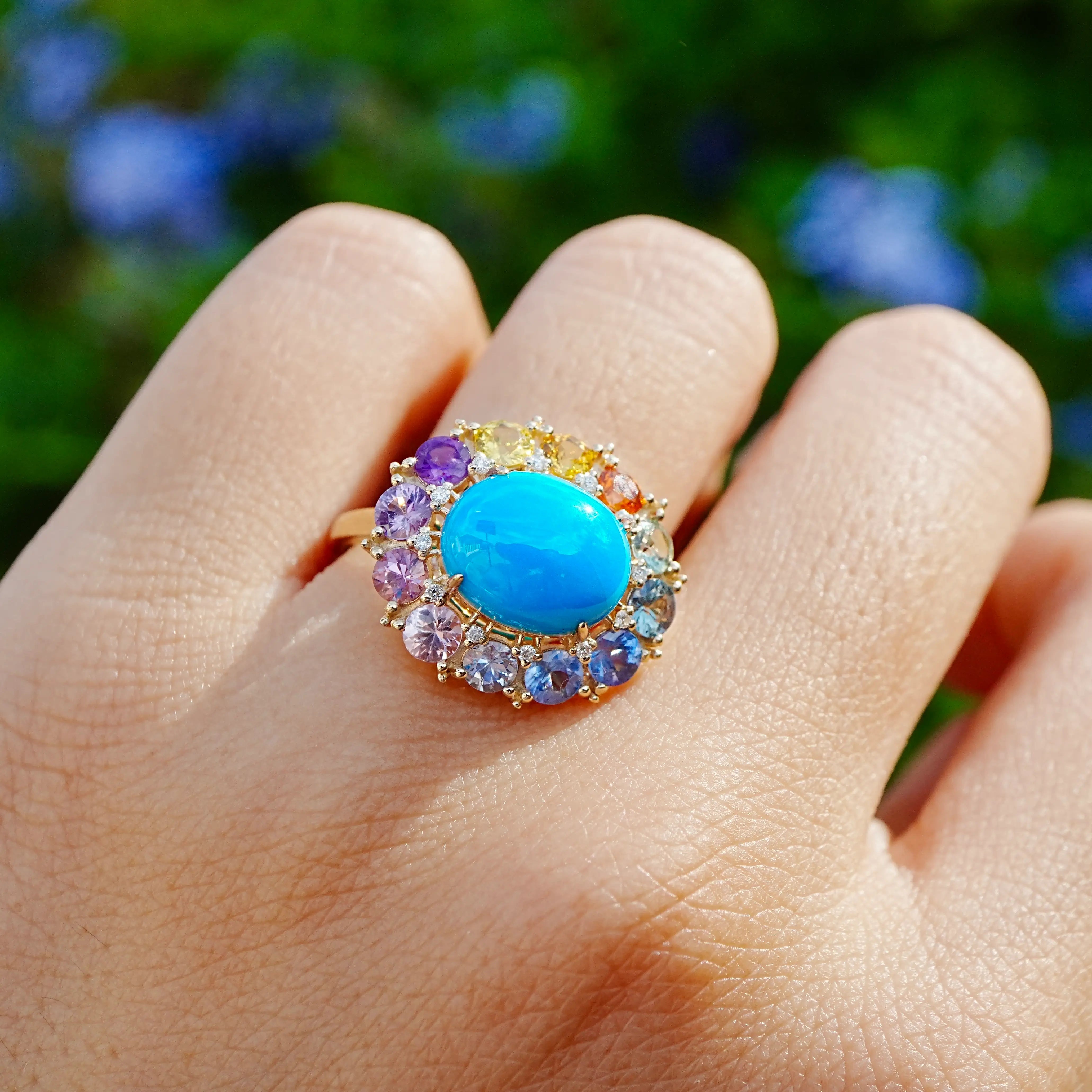 kai fine jewelry 14k yellow gold Belle Halo 4.81 ctw Natural Turquoise, Sapphire & Diamond East-West Ring (One-of-a-Kind)